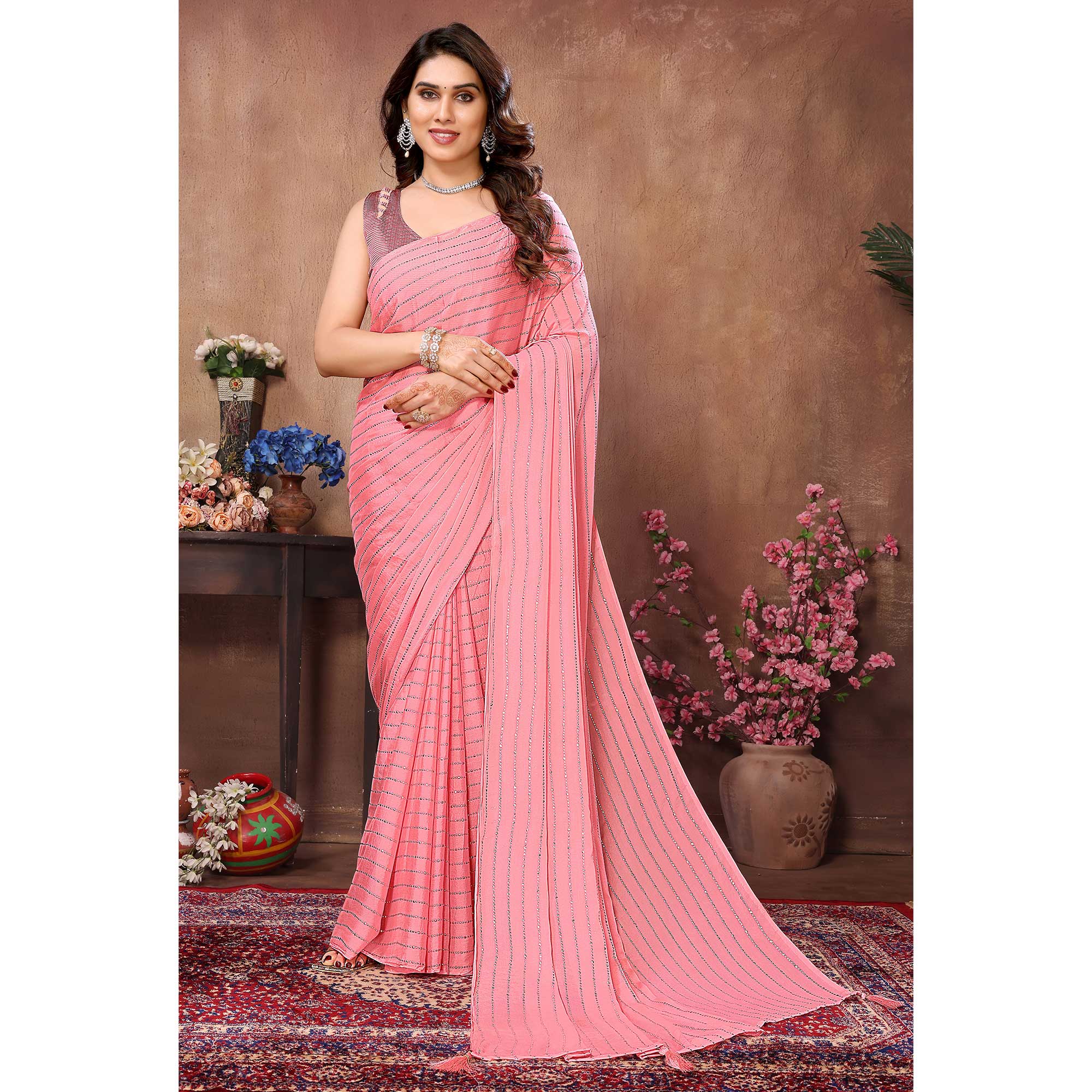 Peach Mukaish Work Silk Saree With Tassels