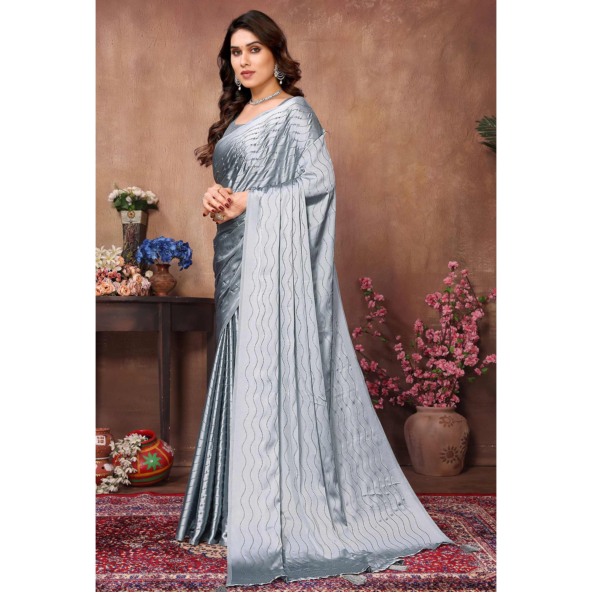 Grey Mukaish Work Satin Saree With Tassels