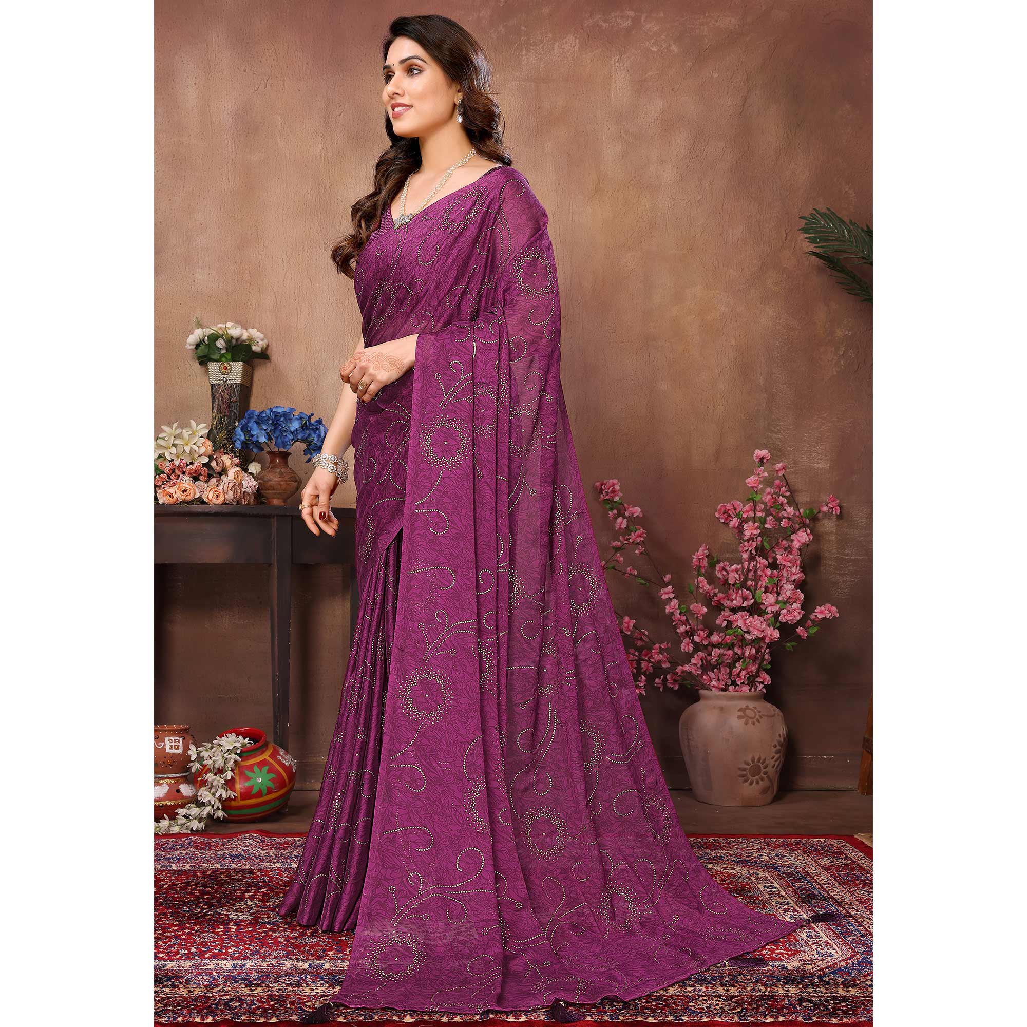 Purple Mukaish With Foil Printed Silk Saree With Tassels