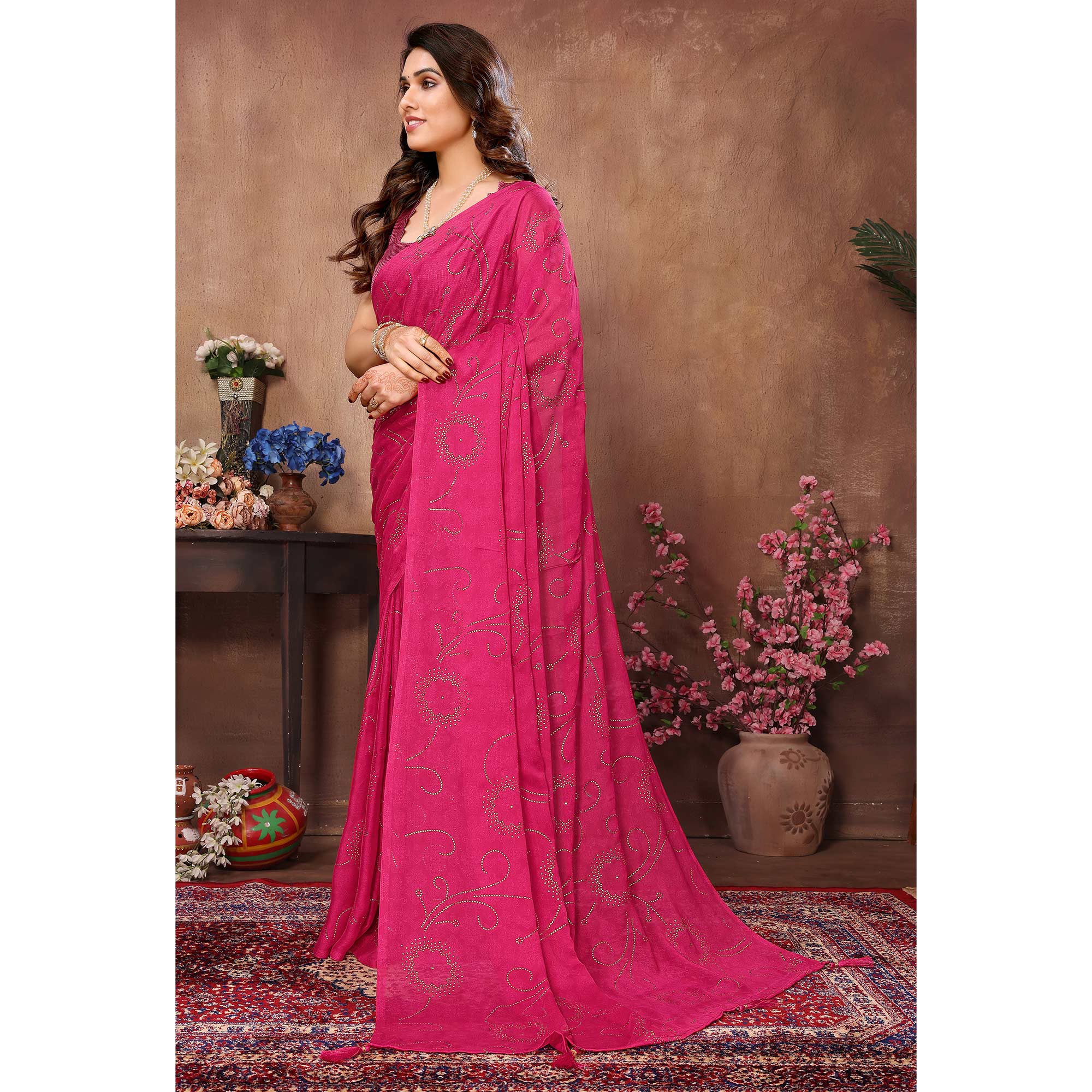 Rani Pink Mukaish With Foil Printed Silk Saree With Tassels