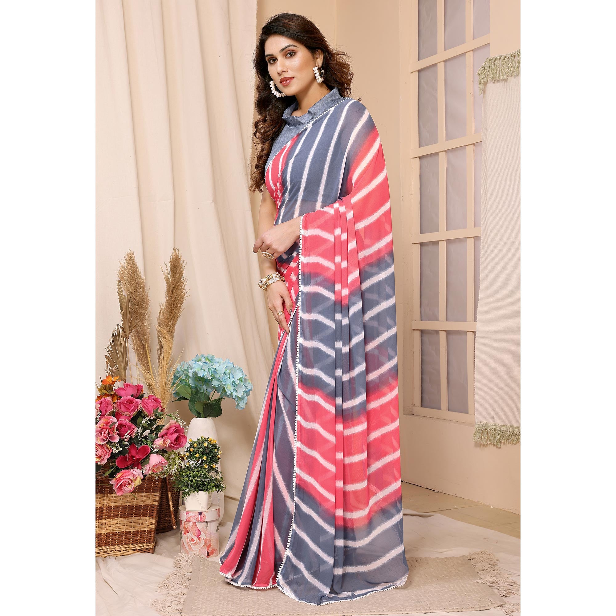 Pink & Grey Leheriya Printed Ready To Wear Georgette Saree