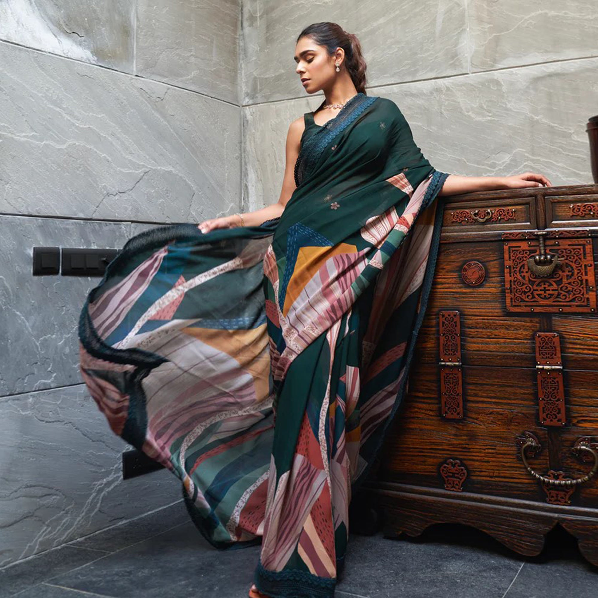 Bottle Green Digital Printed Chinon Saree