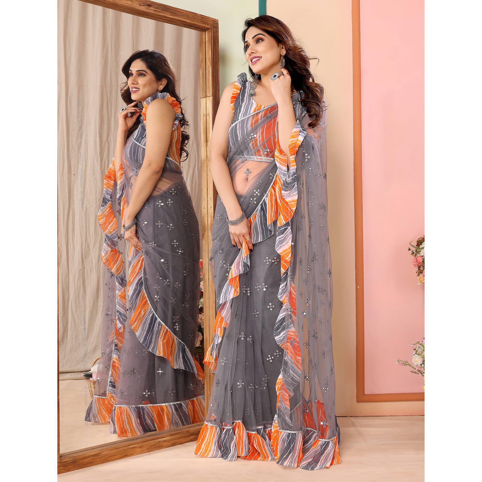 Grey Mirror Work Embroidered Net Ruffle Saree