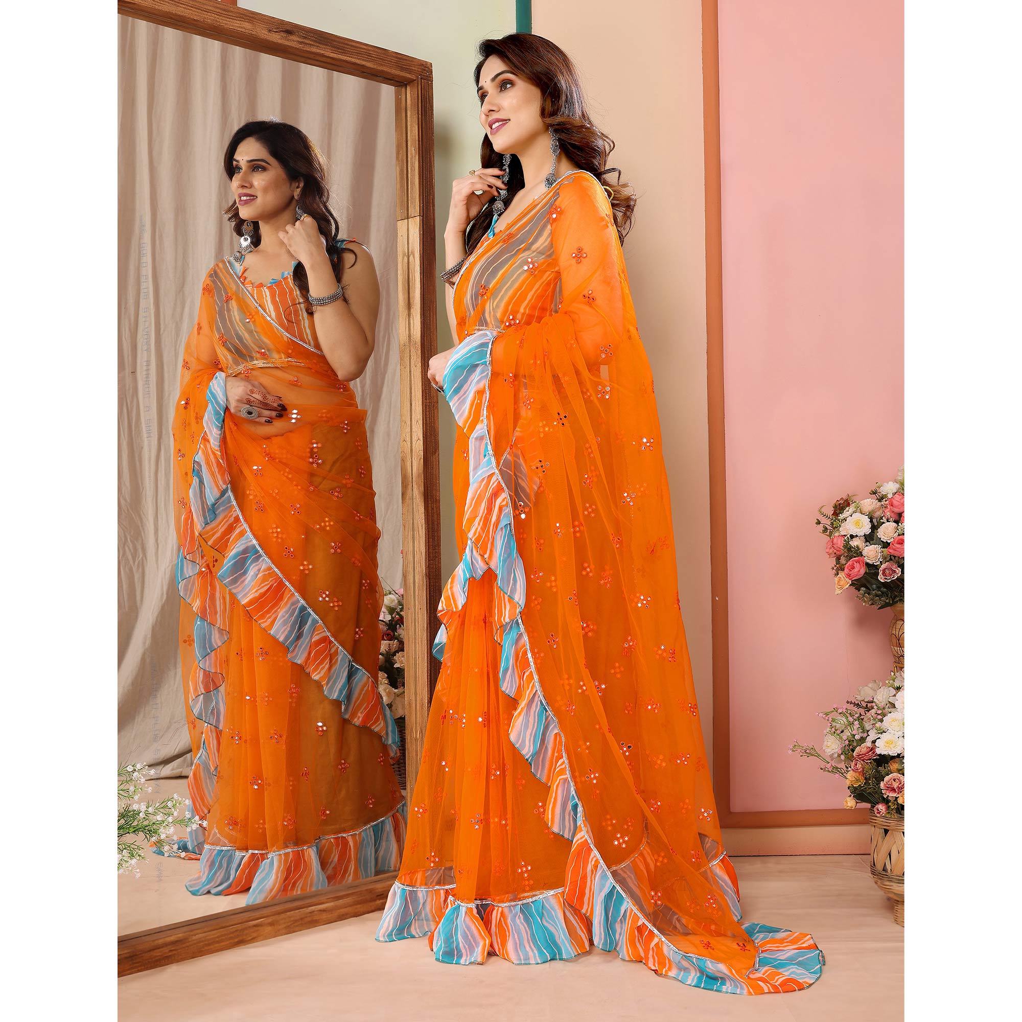 Orange Mirror Work Embroidered Net Ruffle Saree