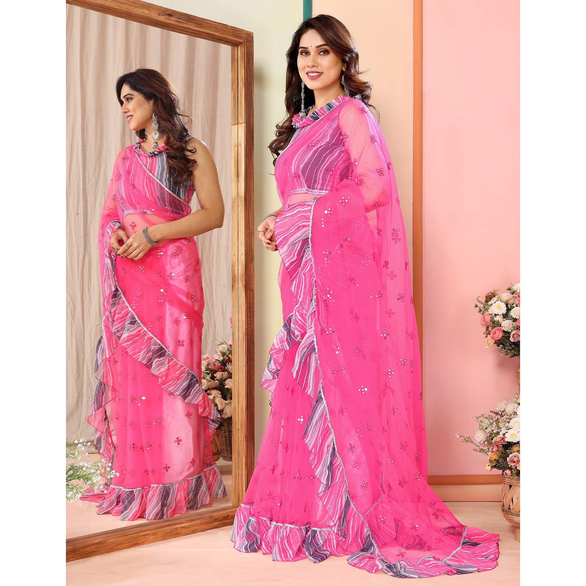 Pink Mirror Work Embroidered Net Ruffle Saree