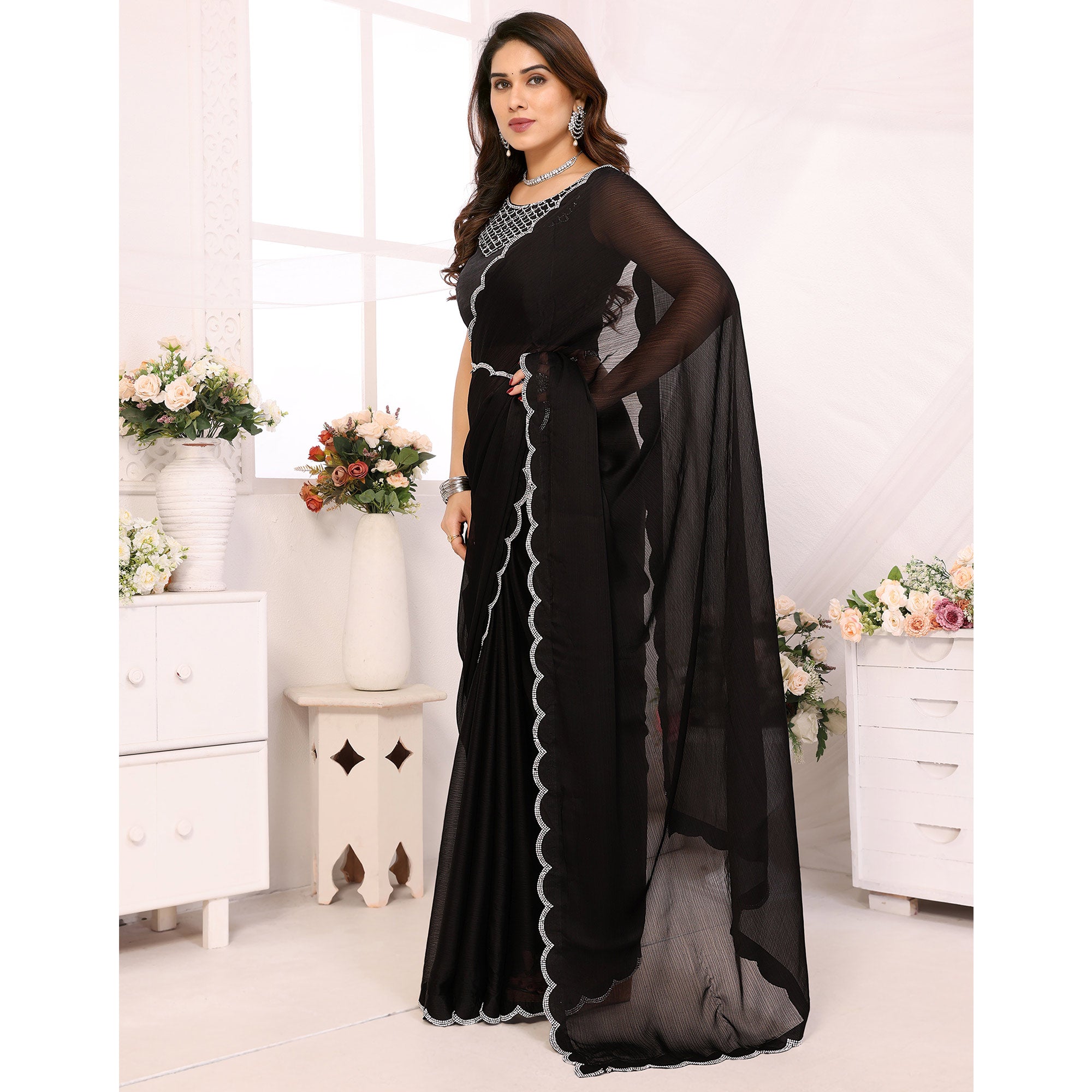 Black Solid Chiffon Saree With Stone Work Border
