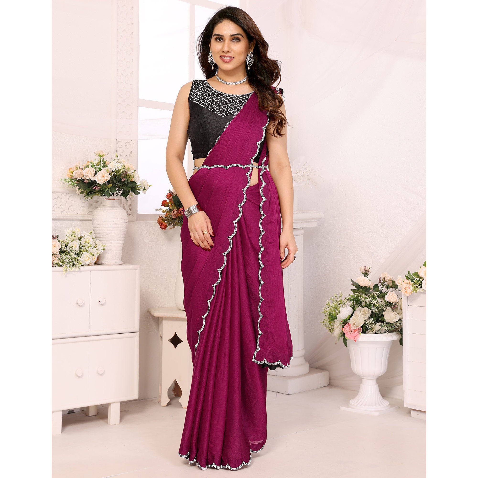 Magenta Solid Chiffon Saree With Stone Work Border
