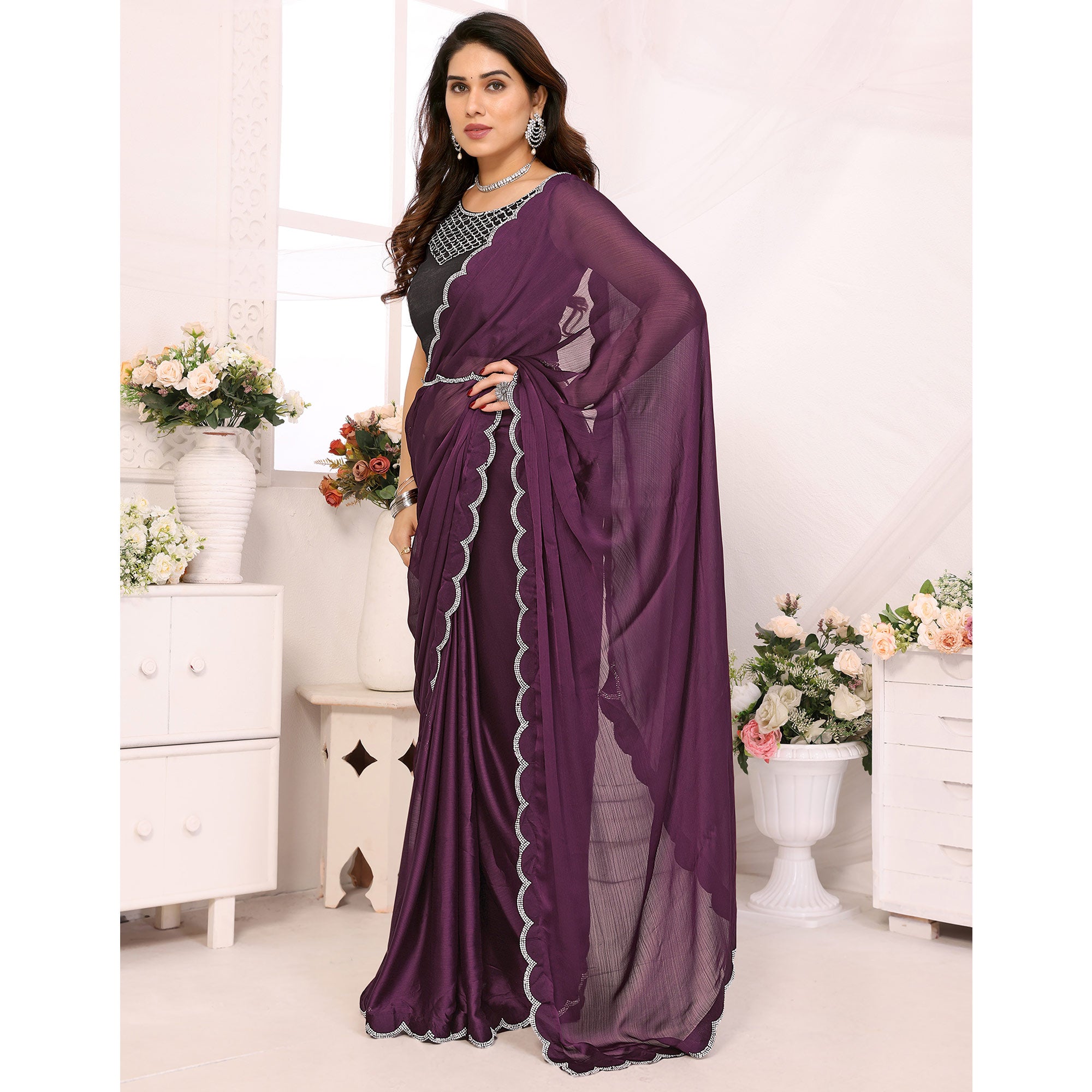 Purple Solid Chiffon Saree With Stone Work Border