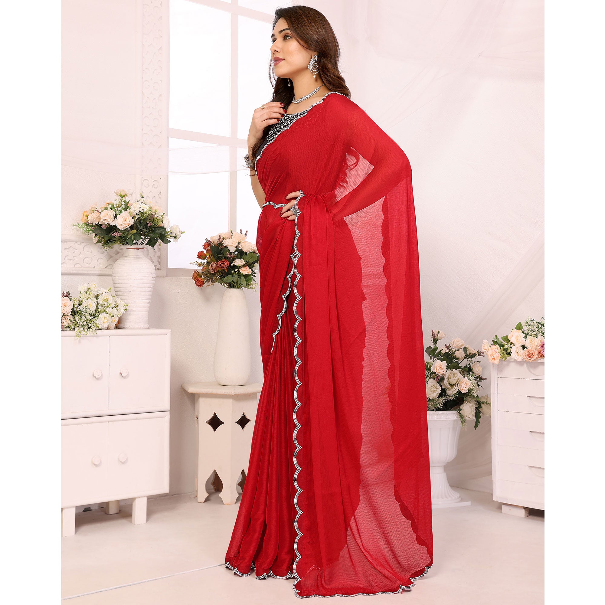Red Solid Chiffon Saree With Stone Work Border