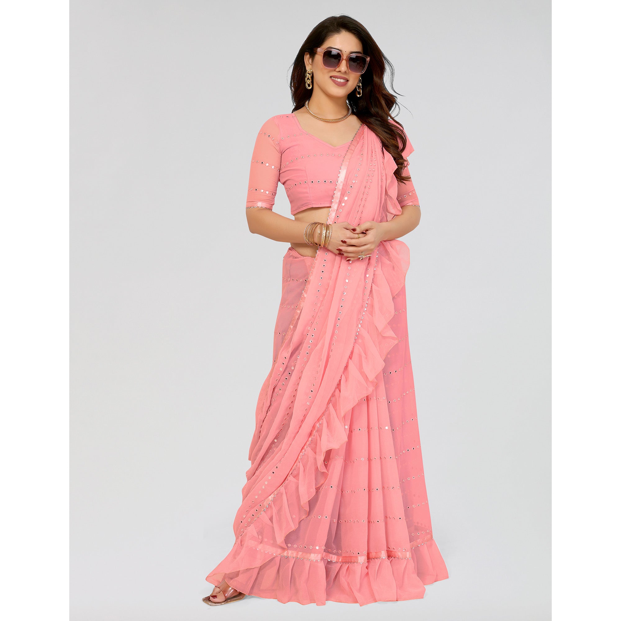 Light Pink Embroidered Georgette Ruffle Saree