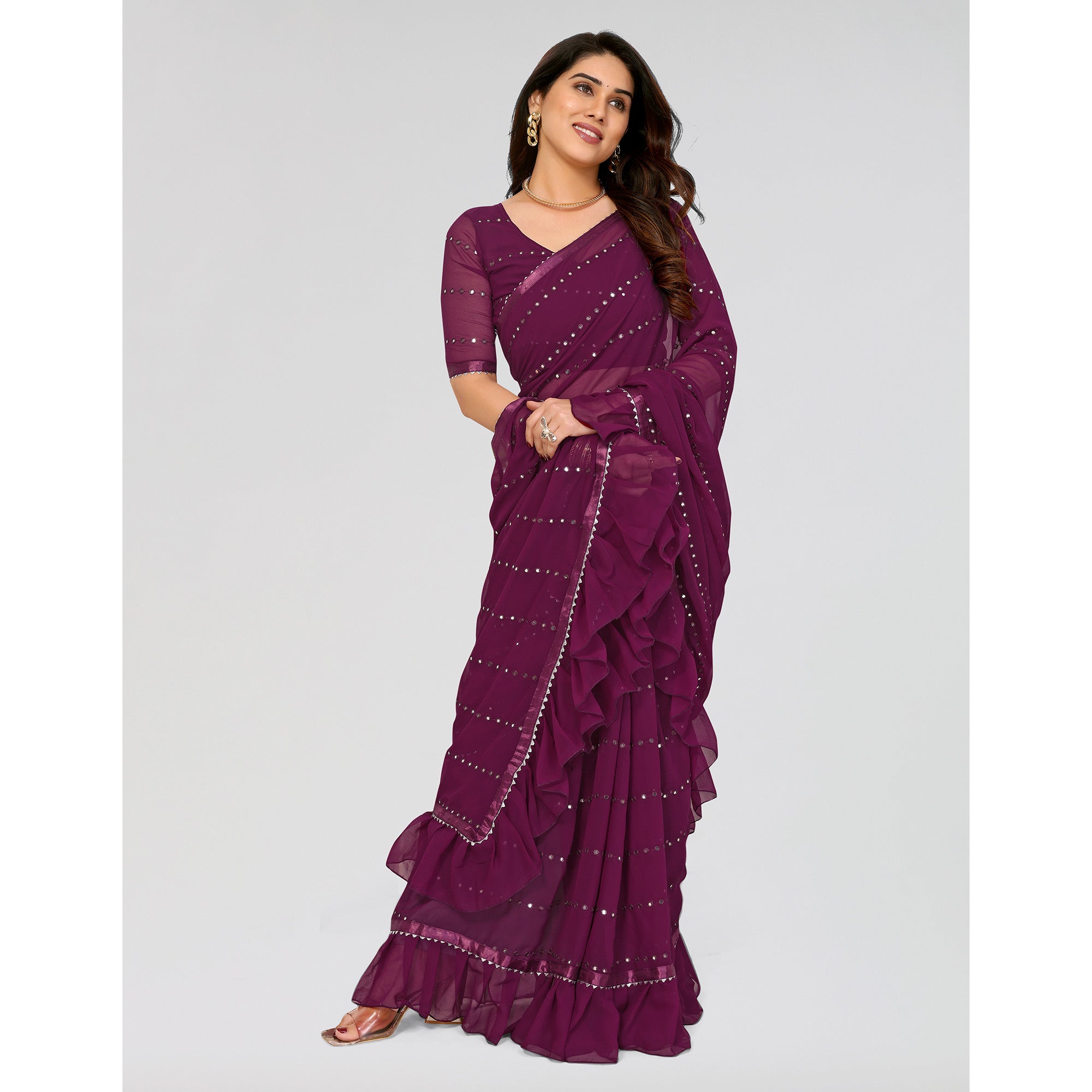 Purple Embroidered Georgette Ruffle Saree