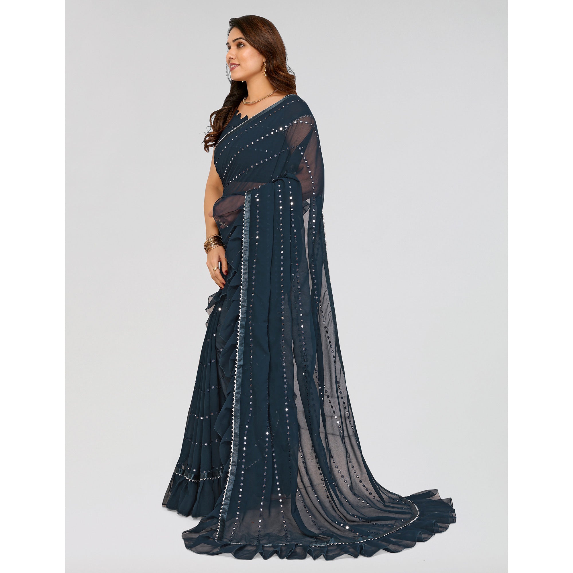 Teal Embroidered Georgette Ruffle Saree