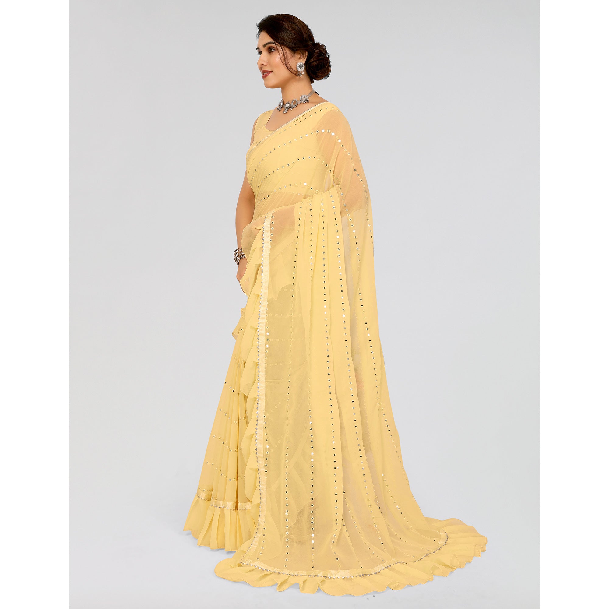 Yellow Embroidered Georgette Ruffle Saree