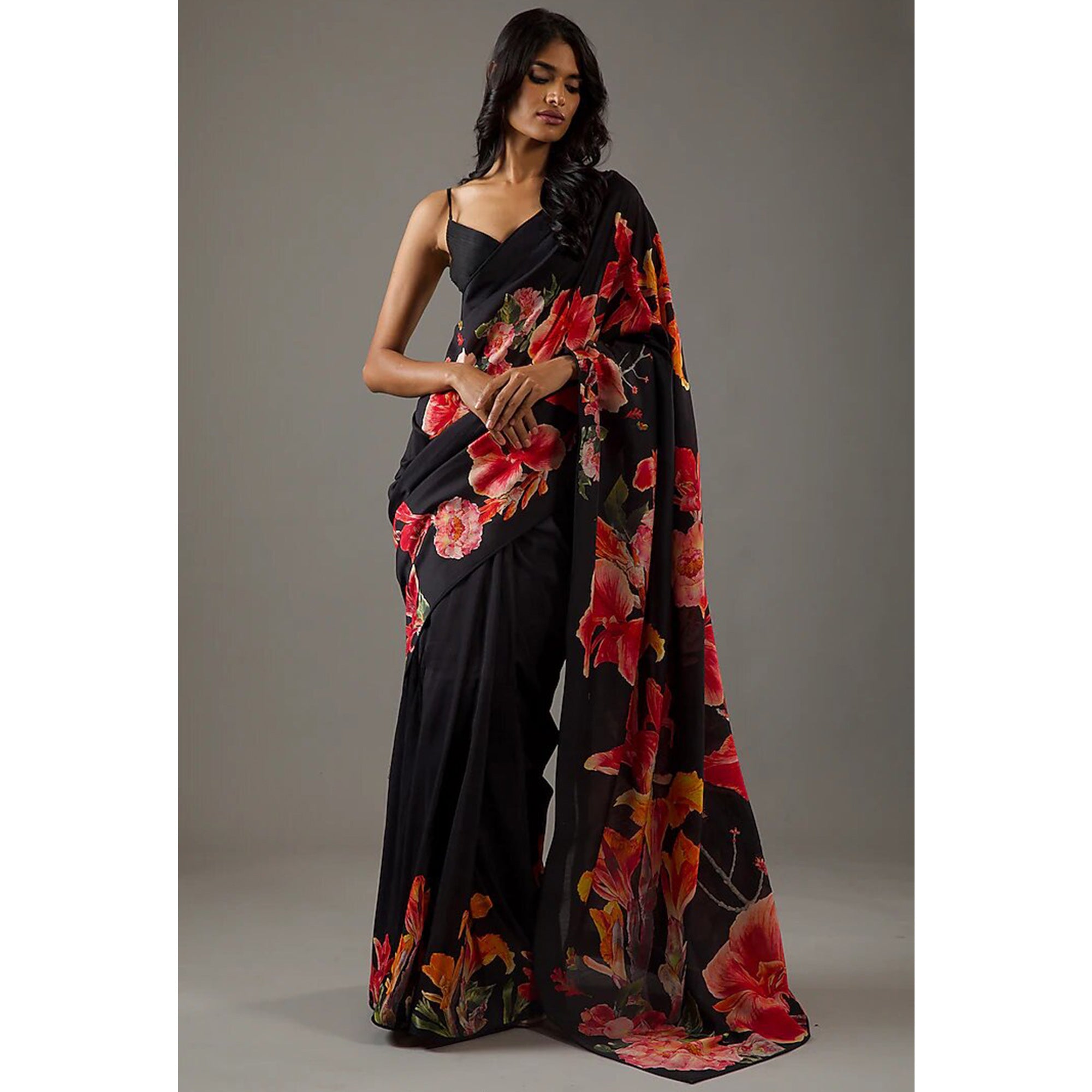 Black Floral Printed Chiffon Saree