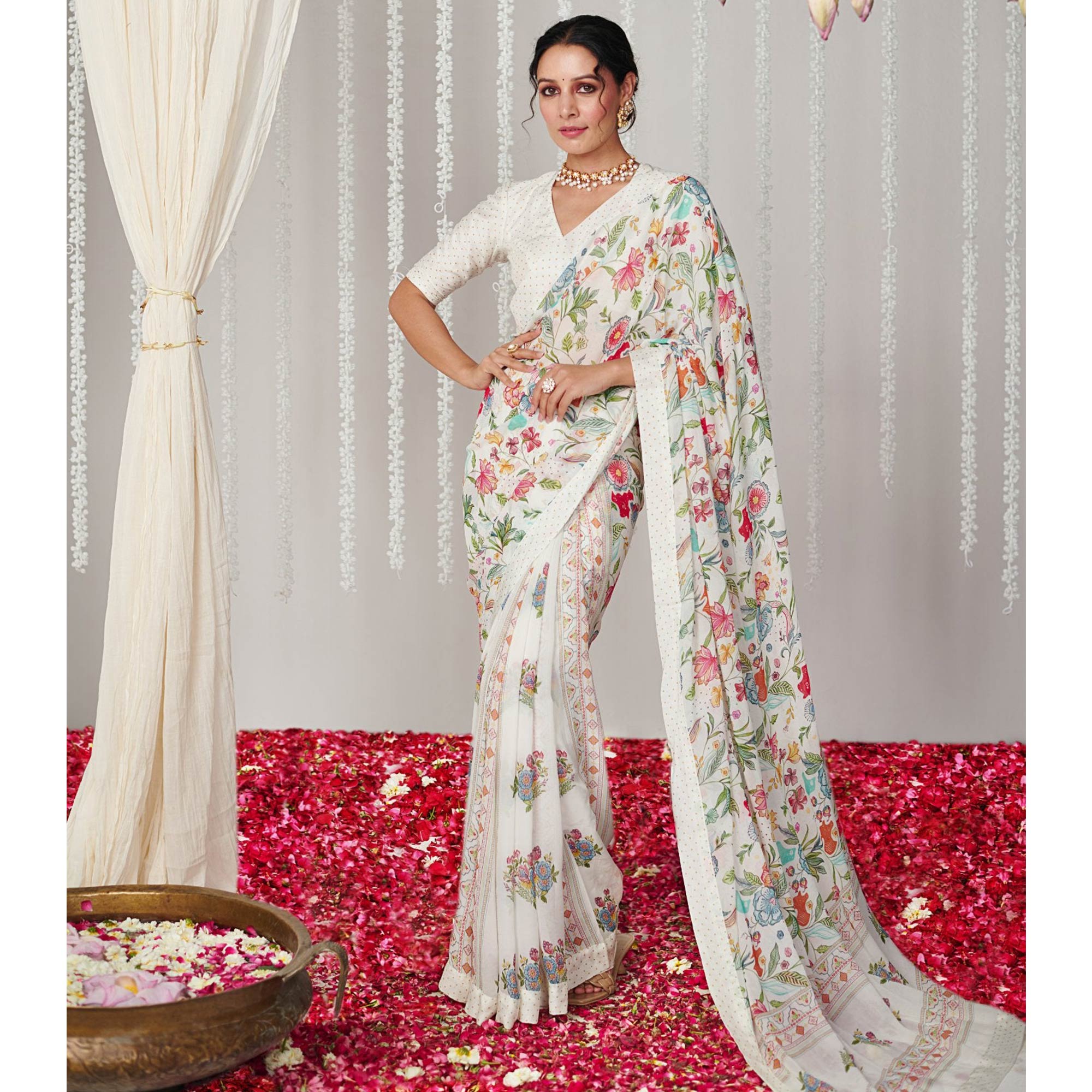 White Floral Printed Chiffon Saree