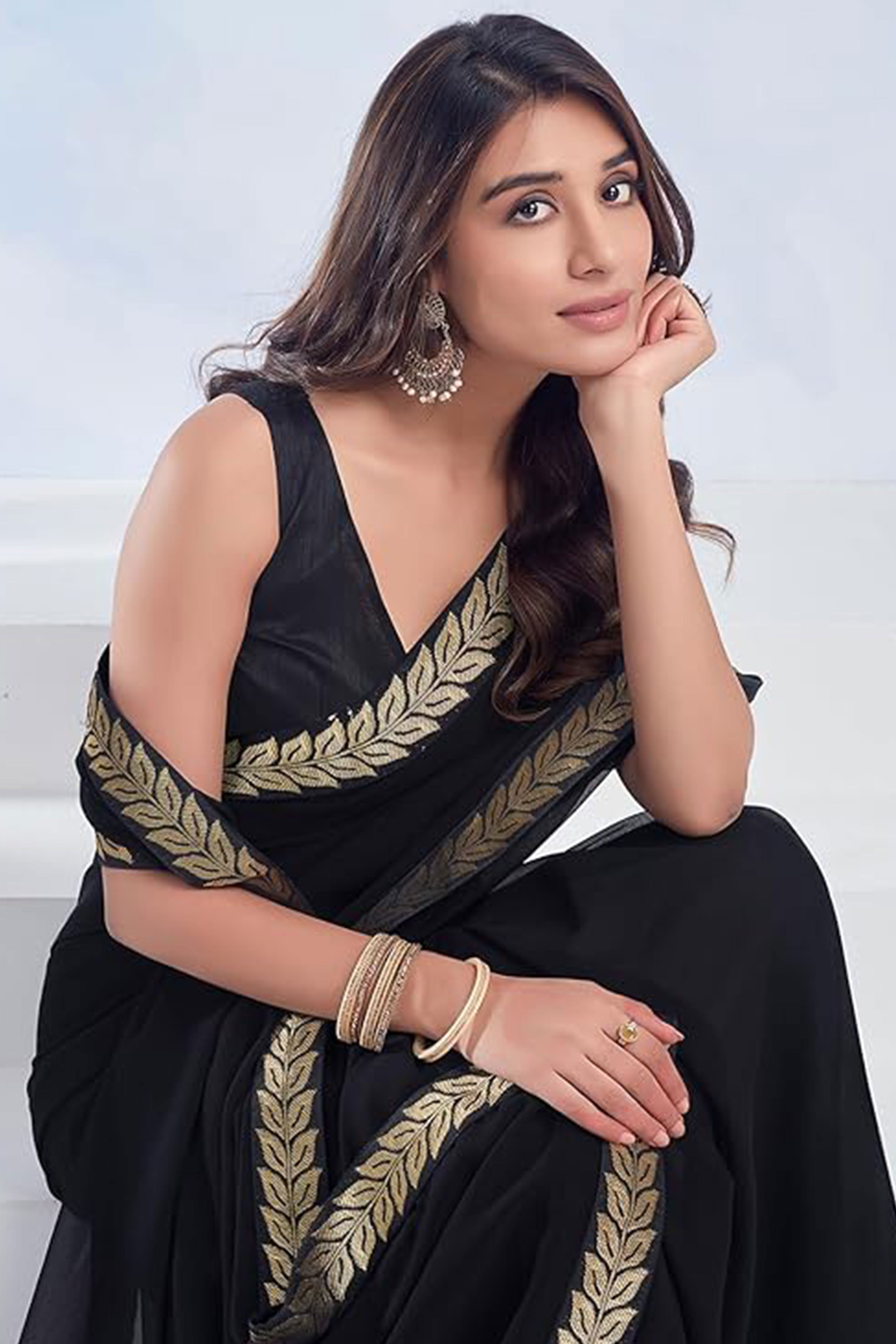 Black Solid Georgette Saree With Embroidered Border