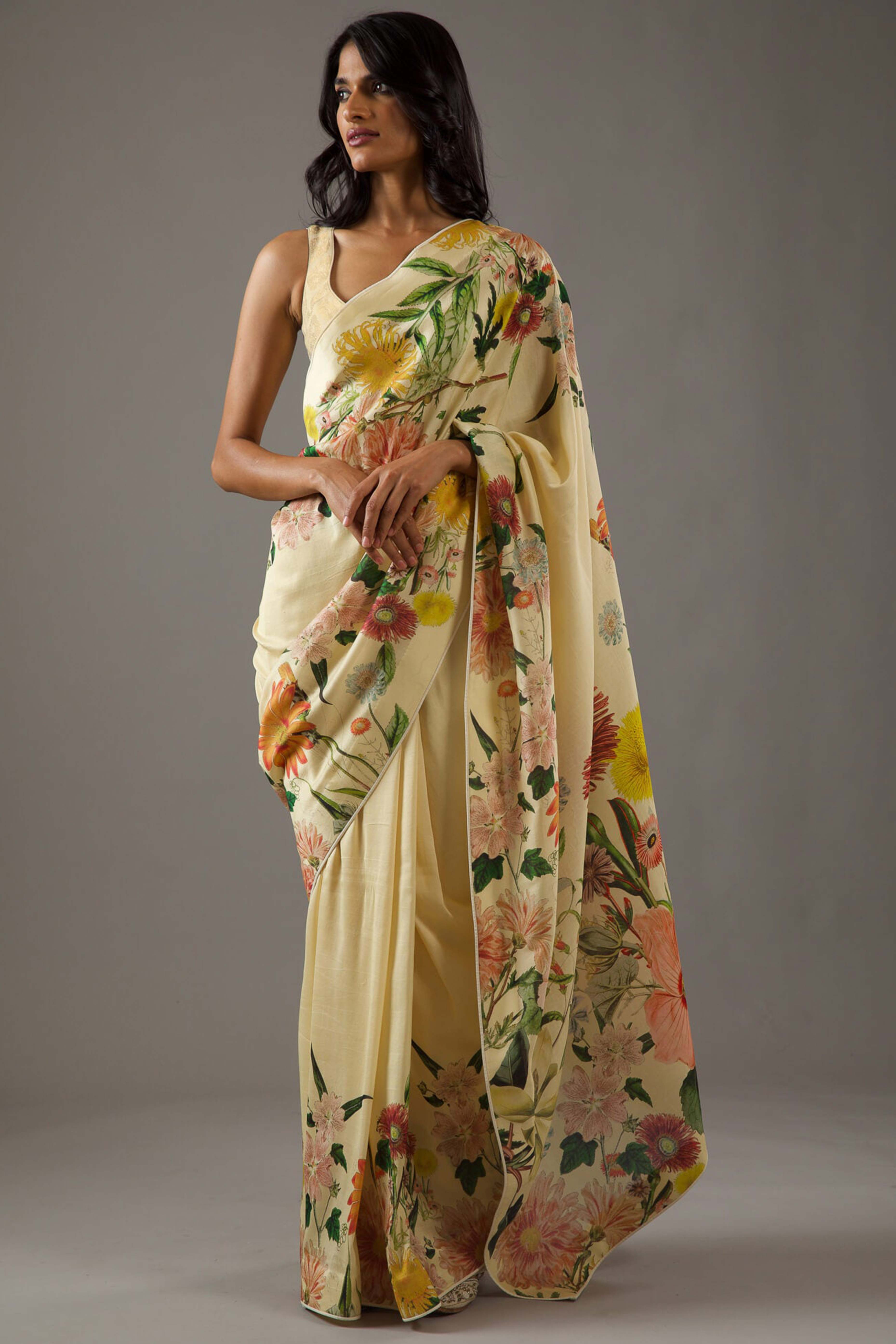 Cream Floral Printed Chiffon Saree