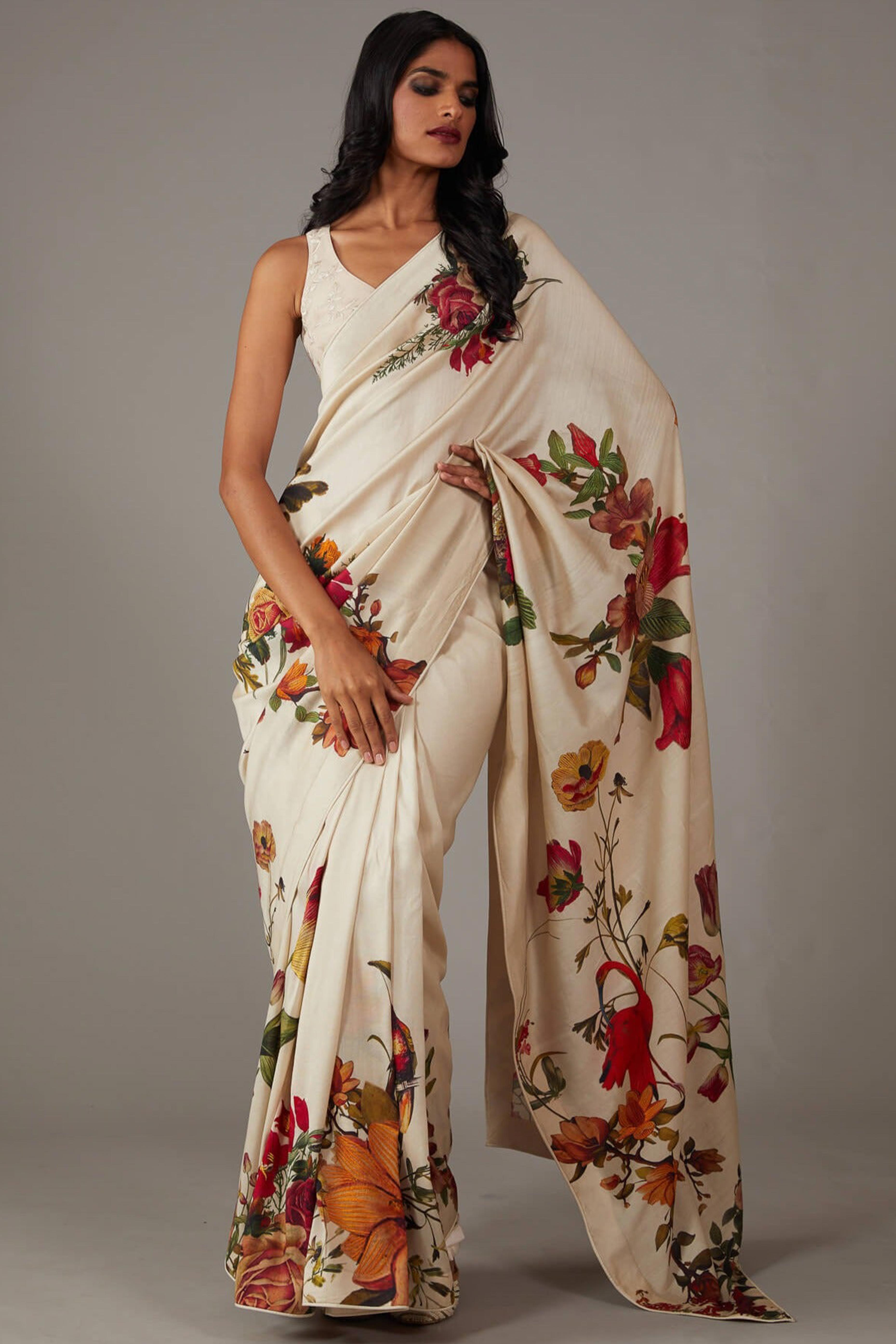 Off White Floral Printed Chiffon Saree