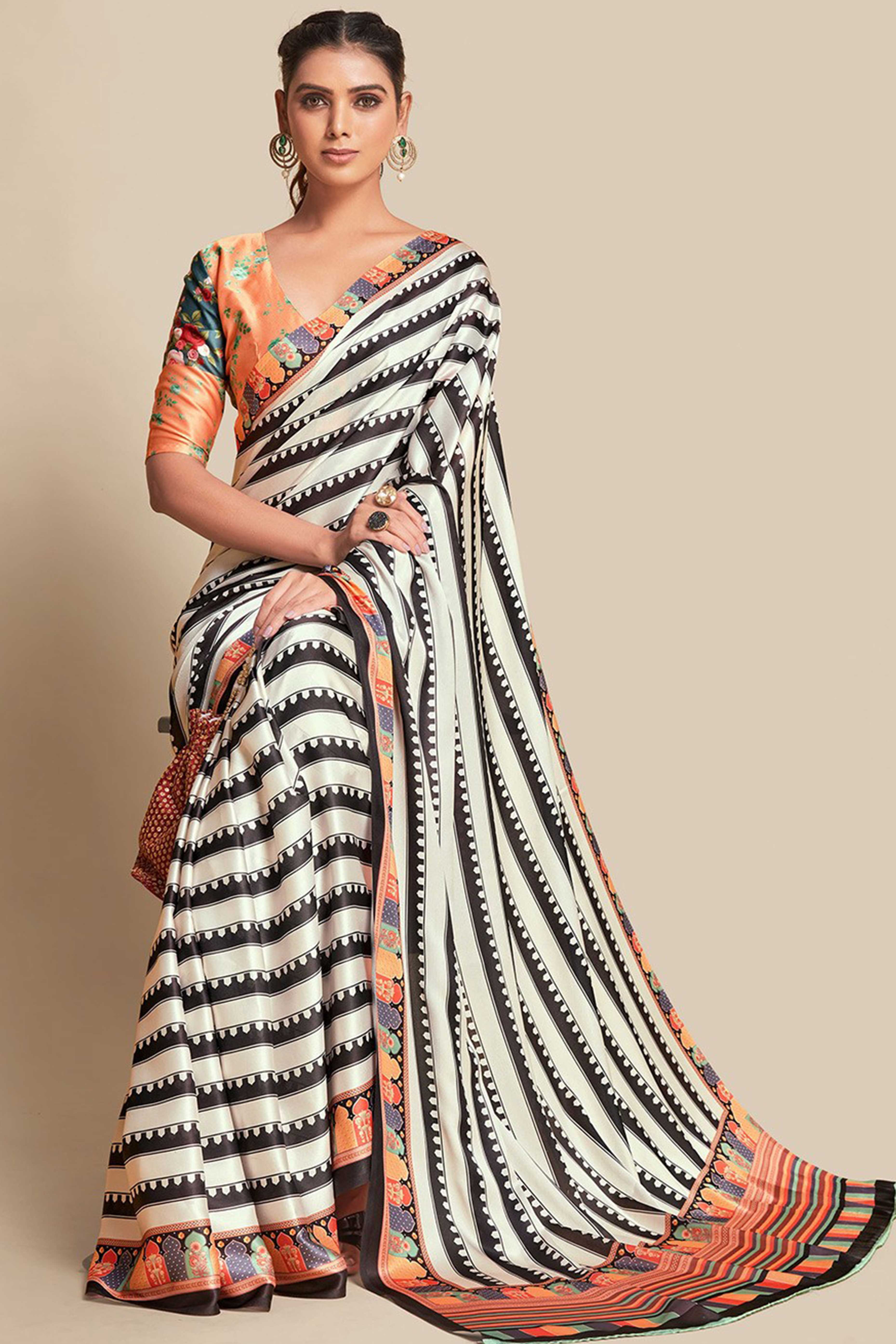 White Strips Printed Chiffon Saree