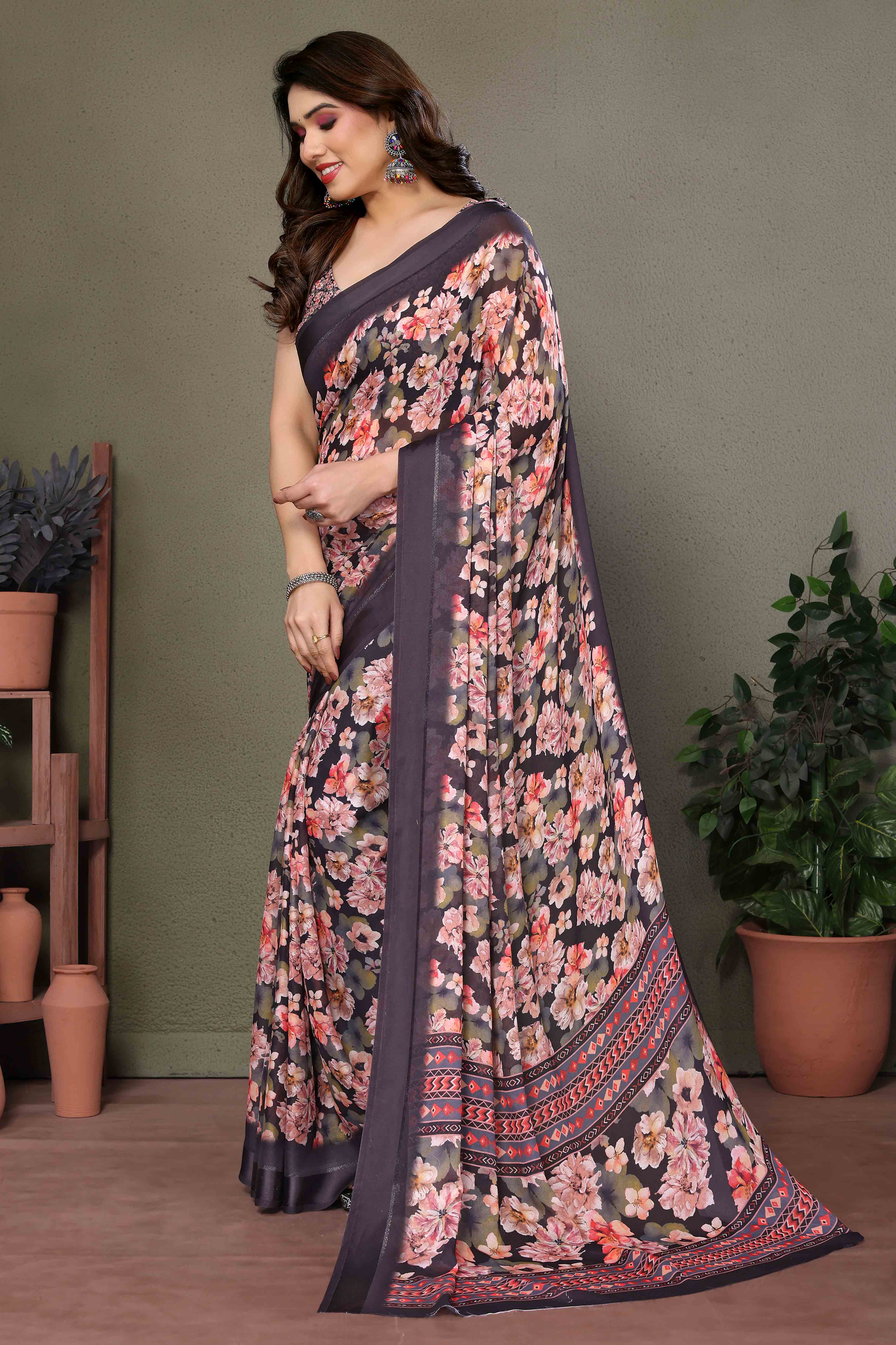 Brown Floral Printed Chiffon Saree