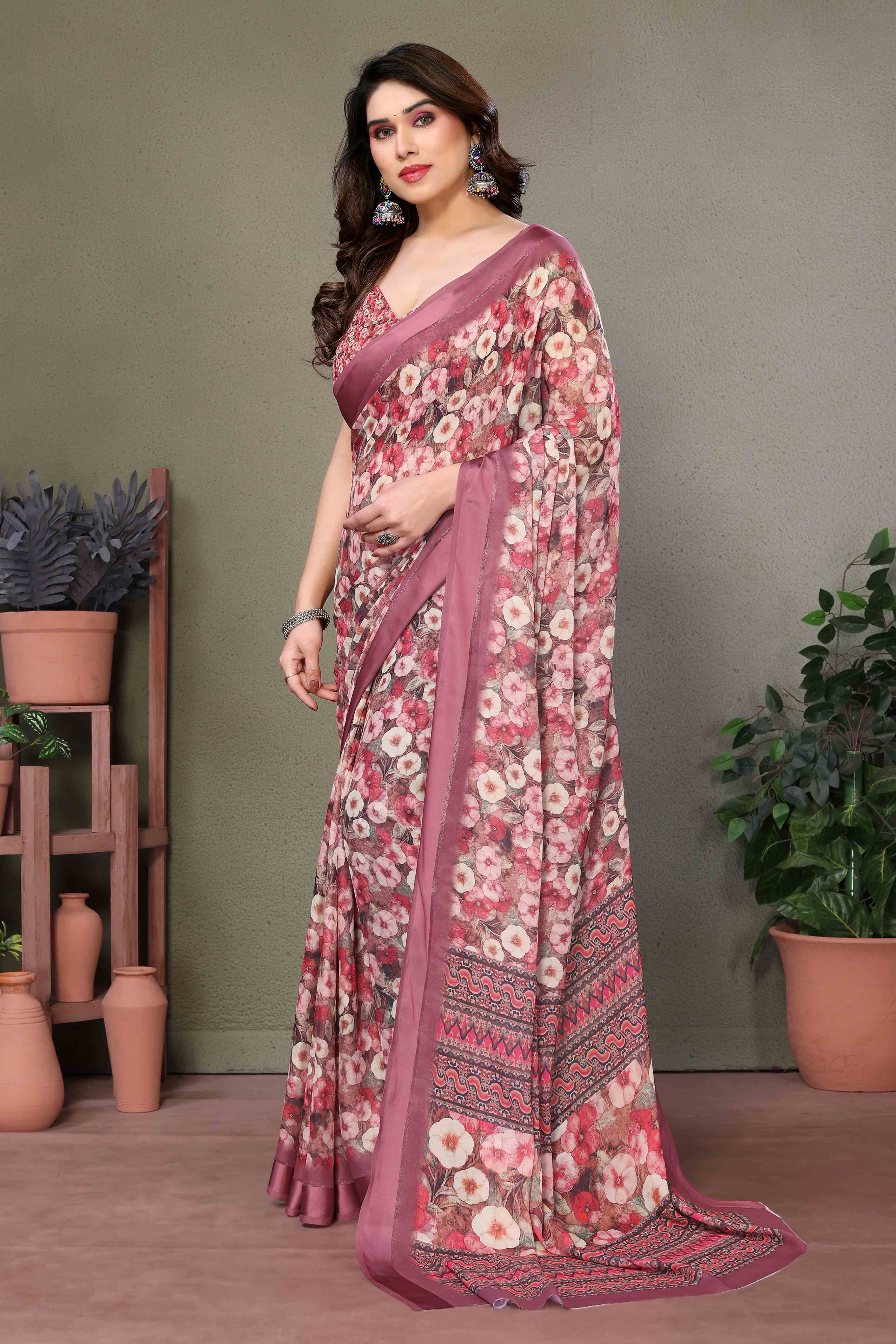 Mauve Floral Printed Chiffon Saree