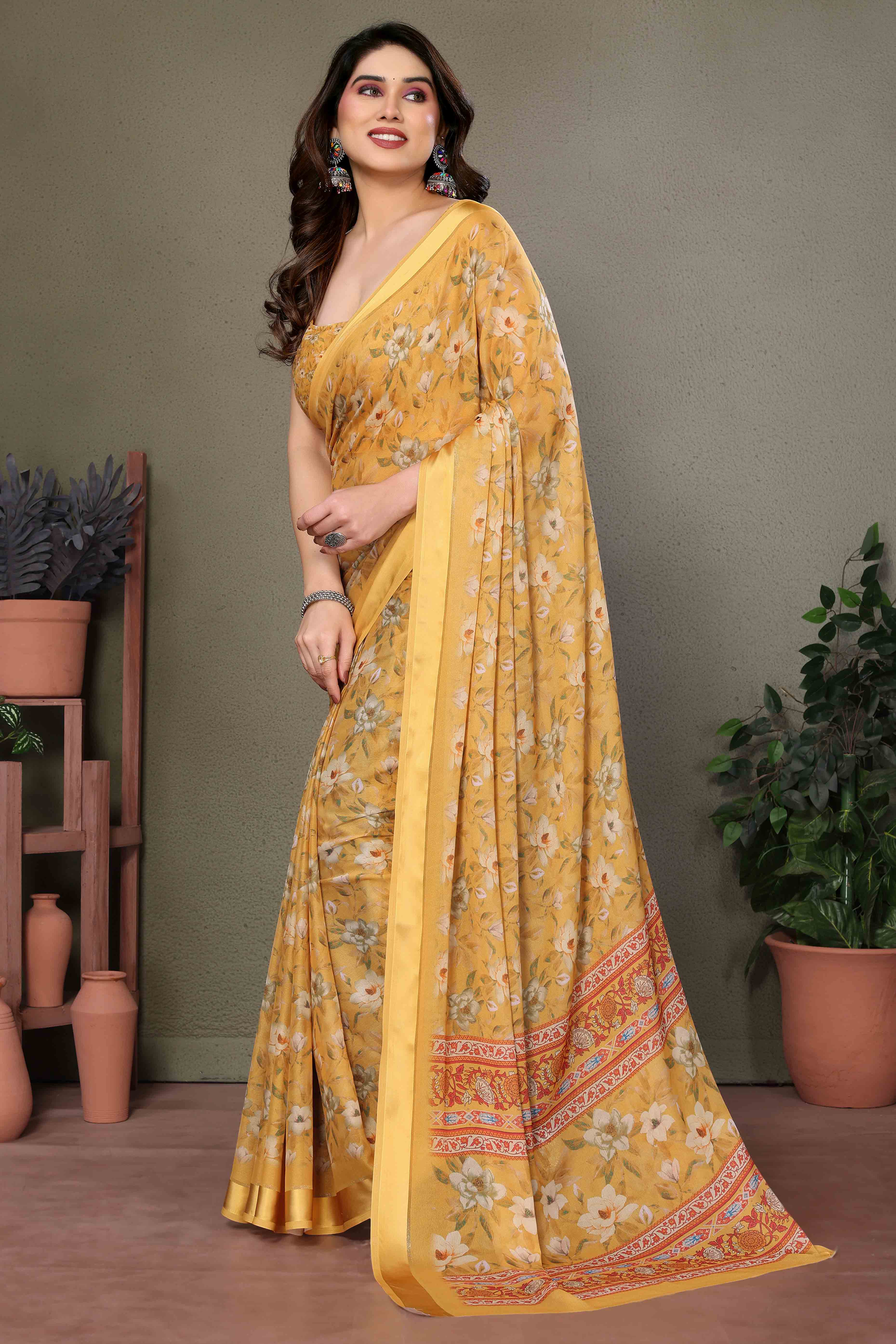 Mustard Floral Printed Chiffon Saree