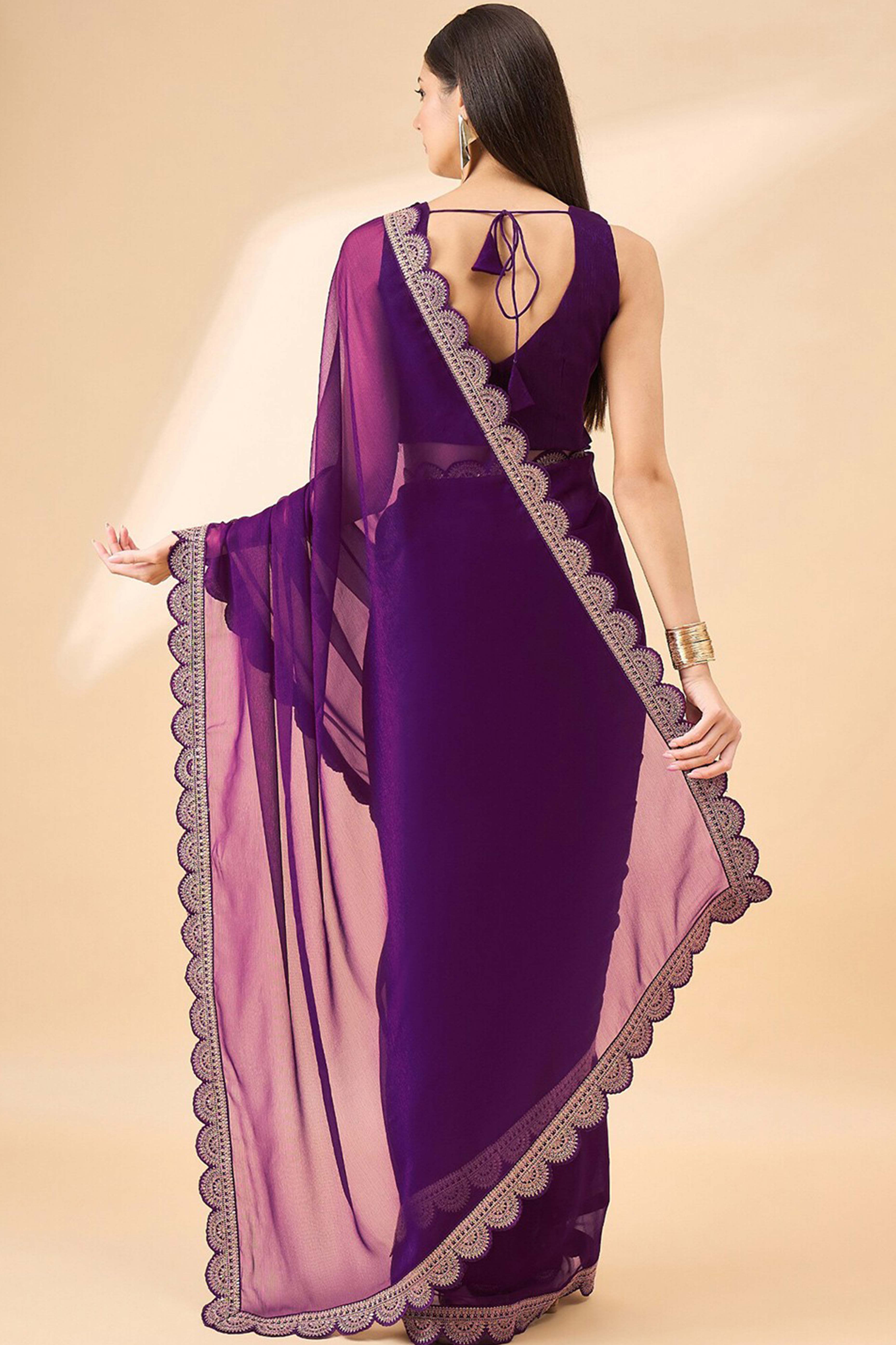 Purple Solid Chiffon Saree With Embellished Saree