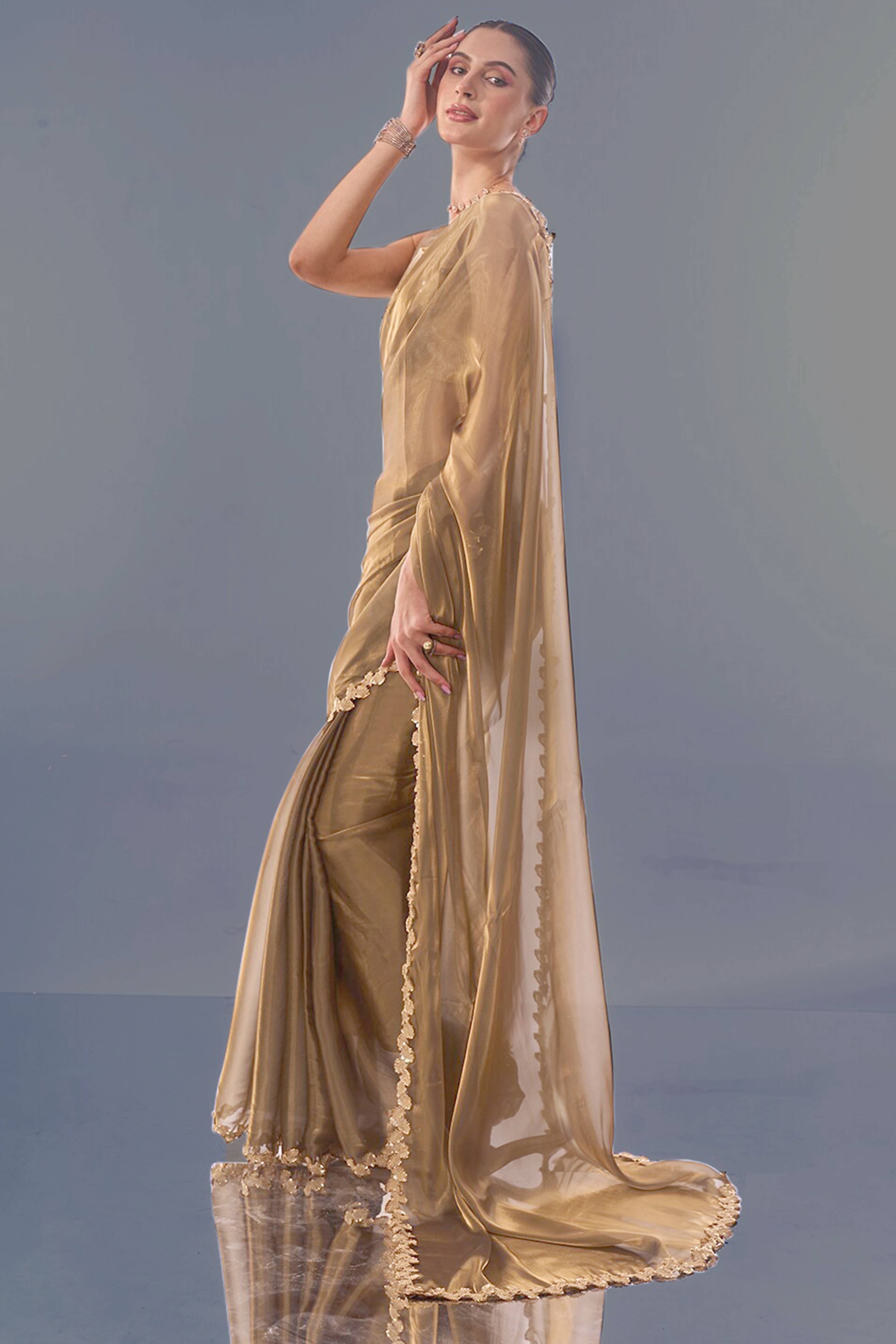 Golden Solid Tissue Jimmy Choo Saree With Sequins Embroidered Cut Work Lace