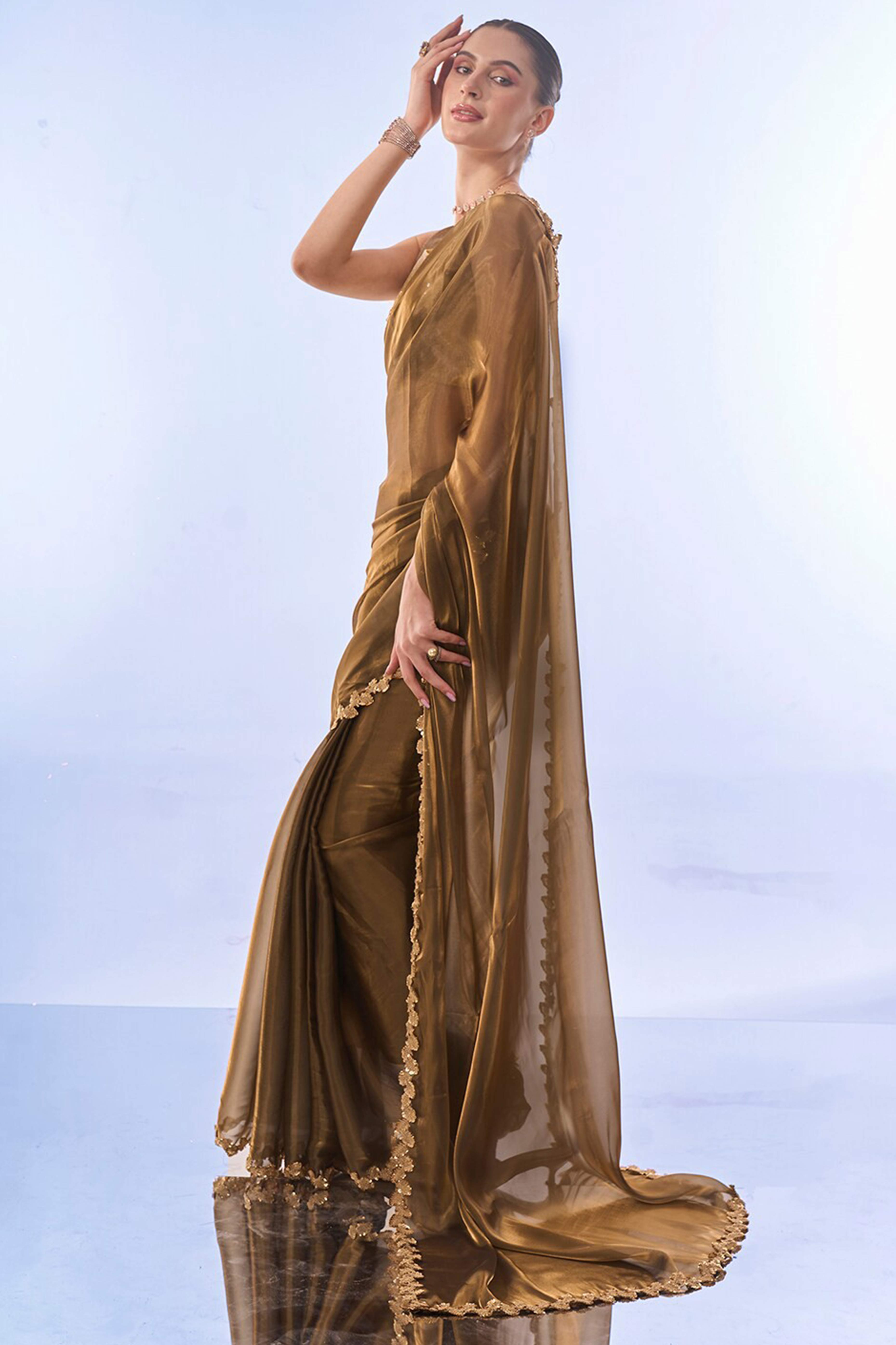 Golden Brown Solid Tissue Jimmy Choo Saree With Sequins Embroidered Cut Work Lace