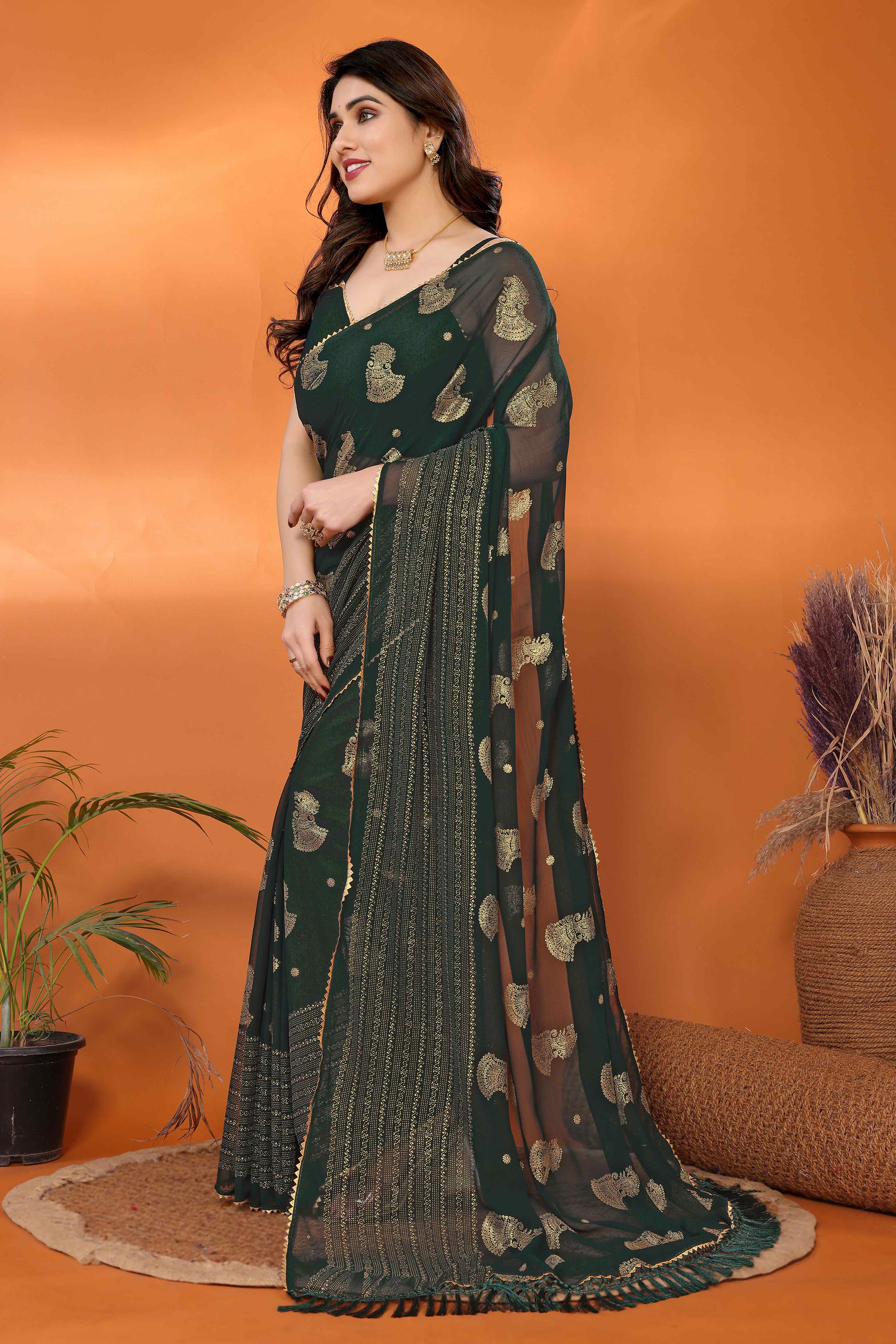 Green Foil Printed Georgette Saree