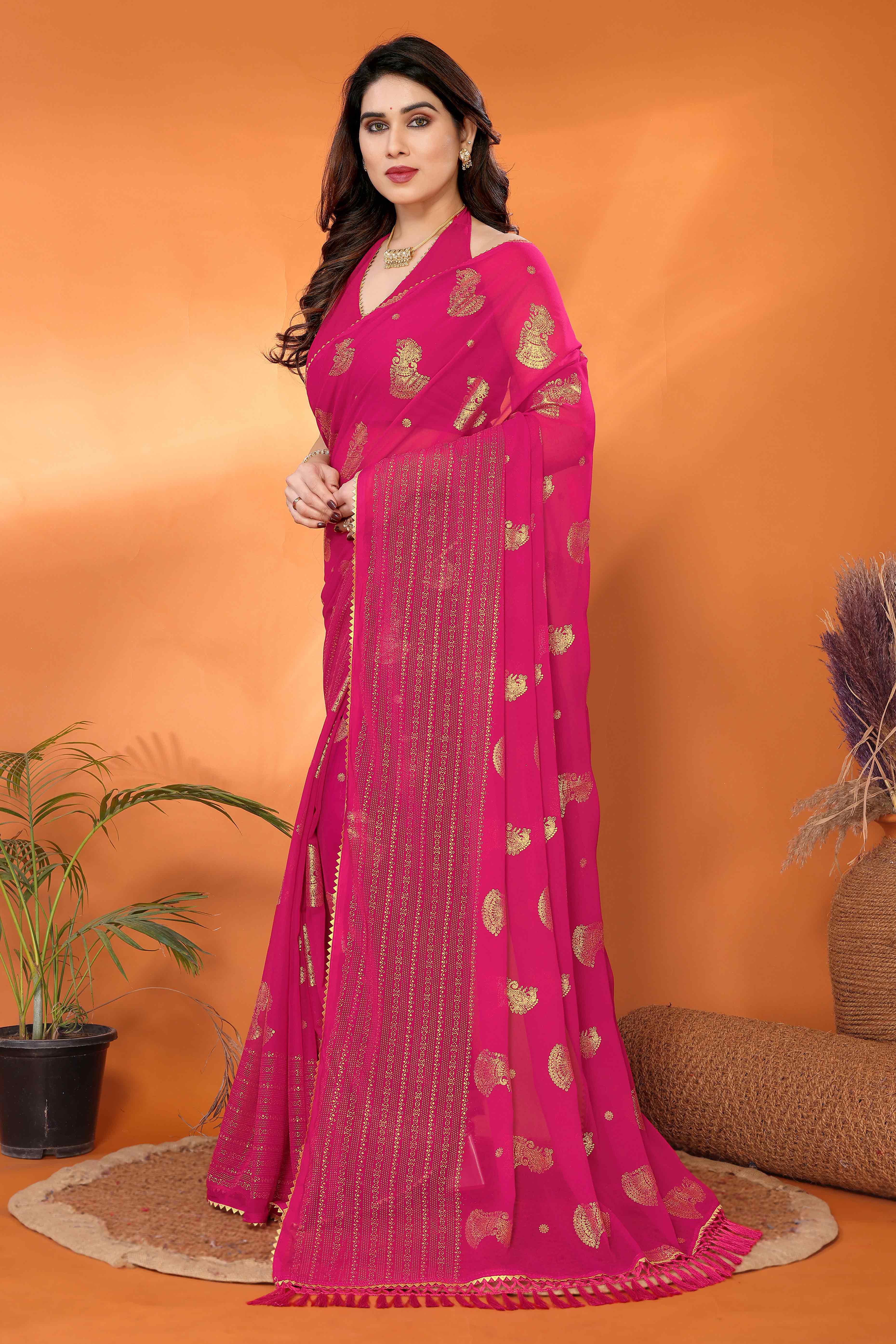 Pink Foil Printed Georgette Saree
