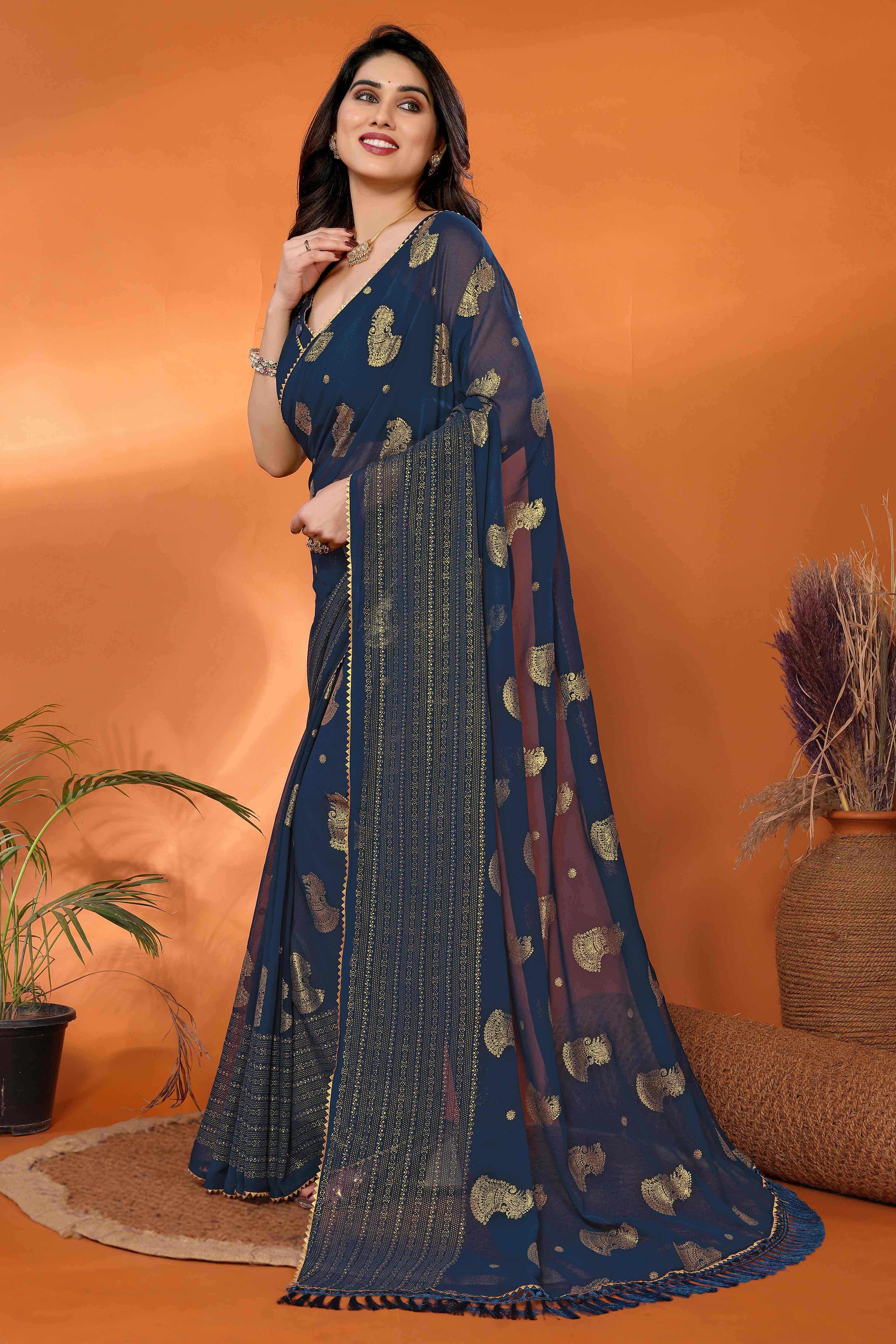 Teal Foil Printed Georgette Saree