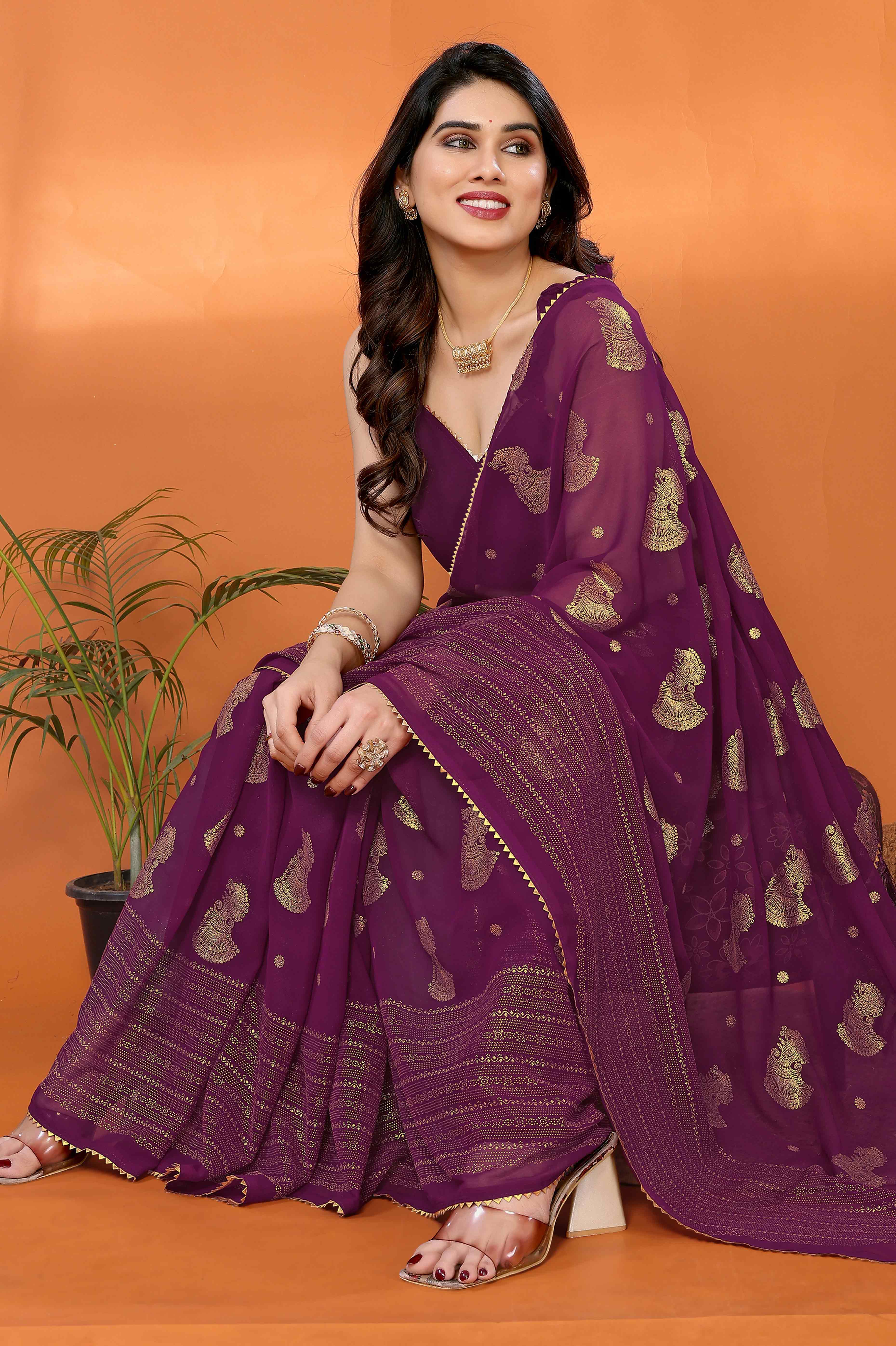 Wine Foil Printed Georgette Saree