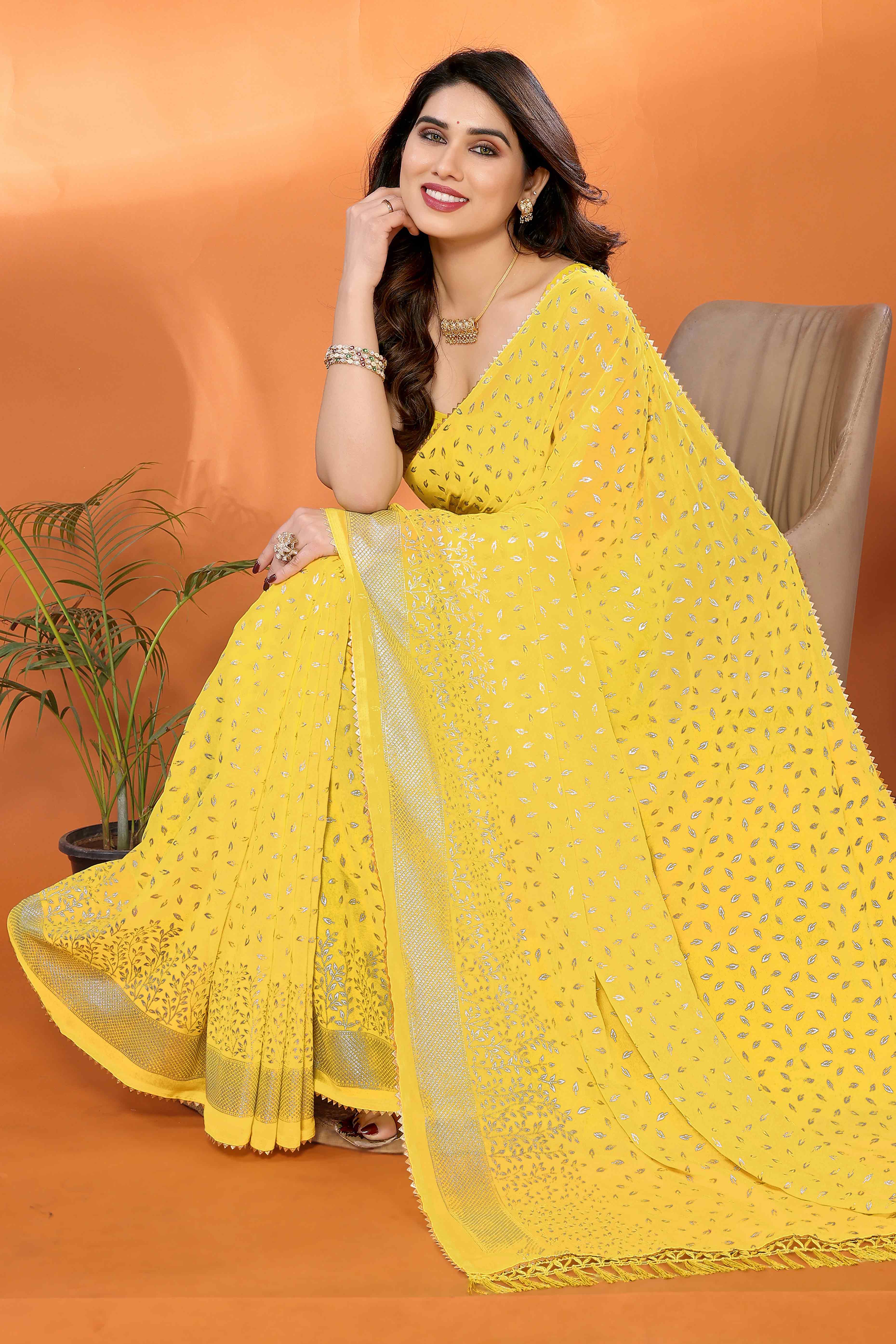 Yellow Foil Printed Georgette Saree