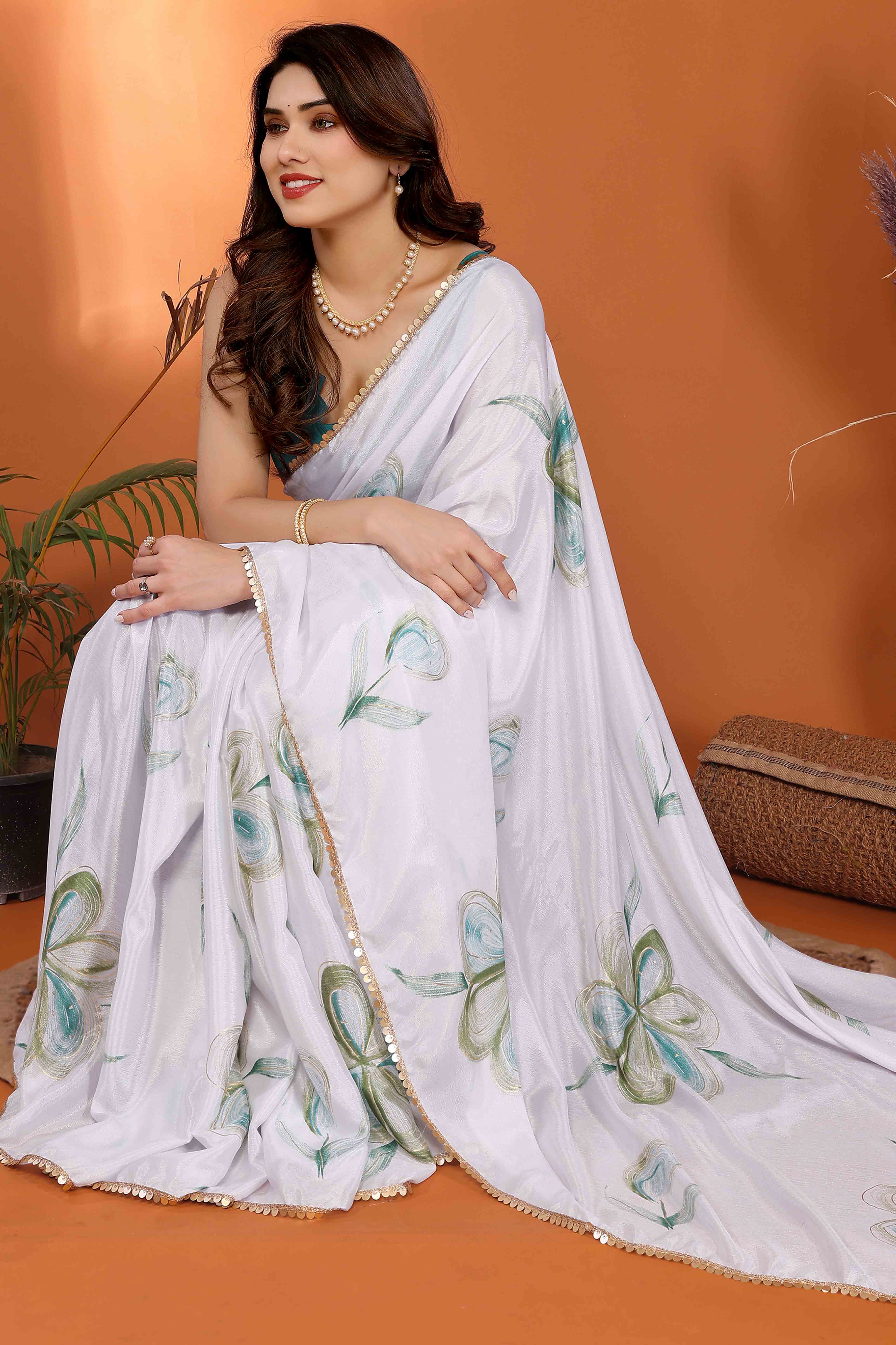 White & Green Floral Printed Chiffon Saree