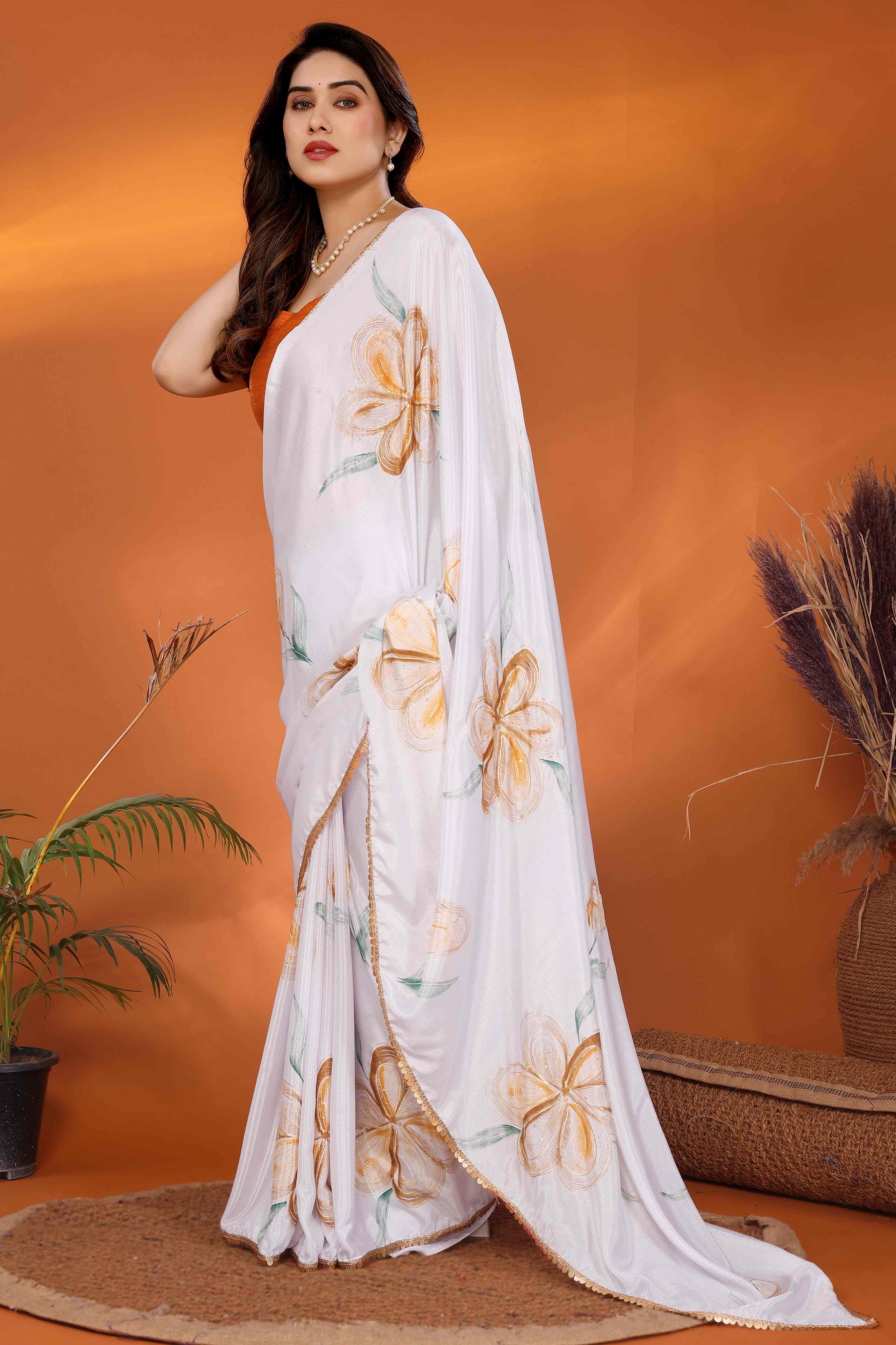 White & Orange Floral Printed Chiffon Saree