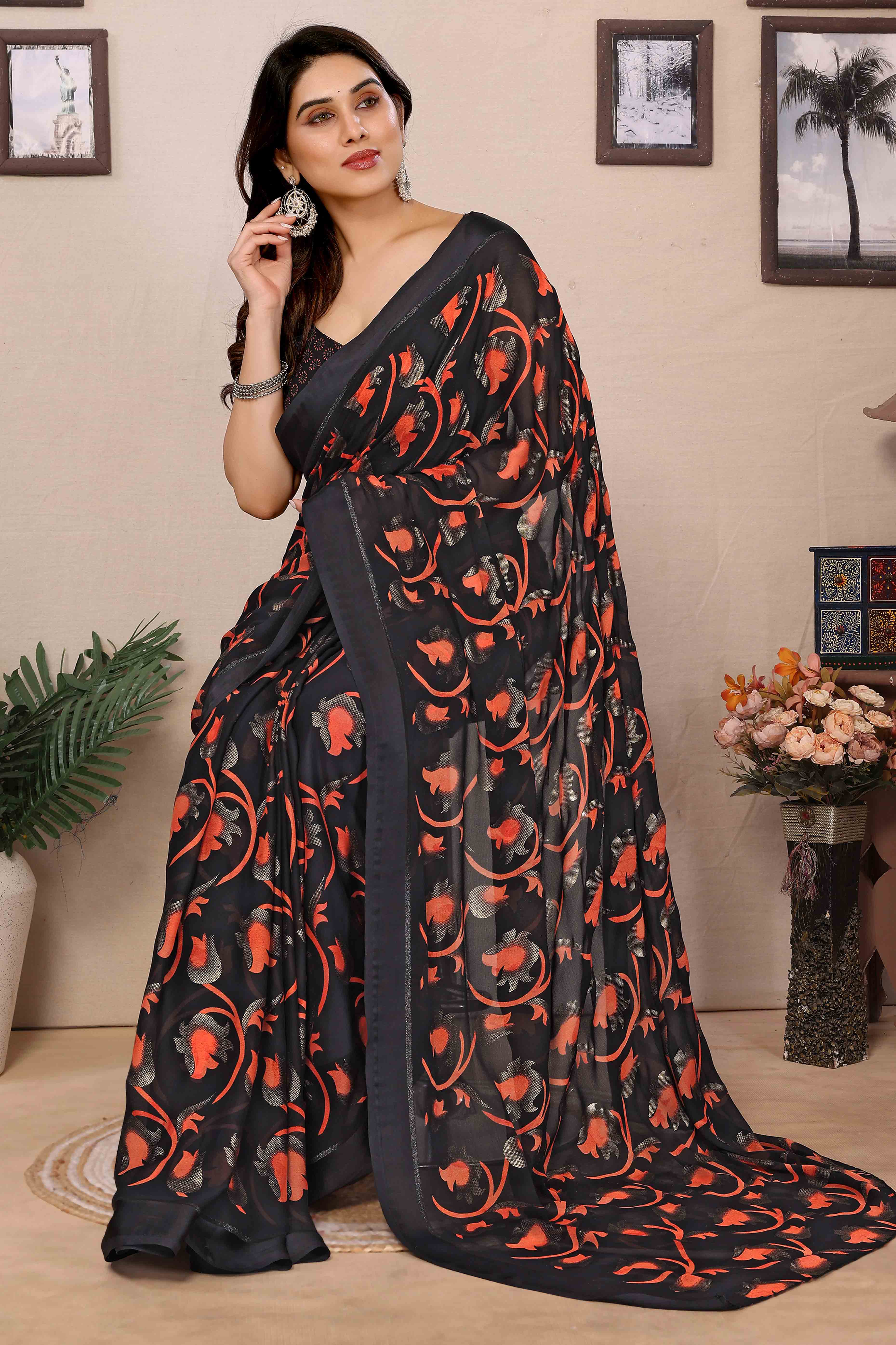 Black Floral Printed Georgette Saree