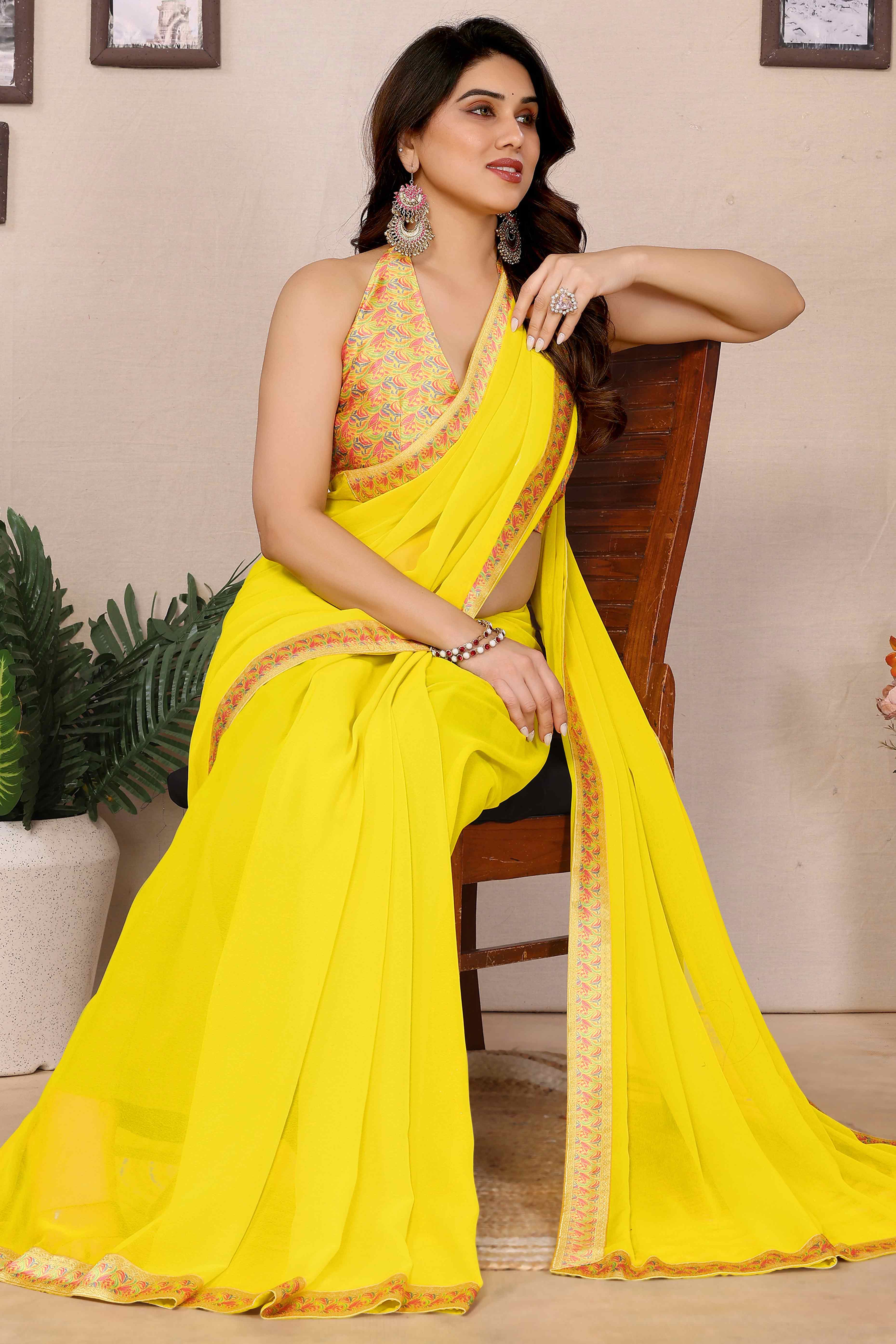 Lemon Yellow Solid Georgette Saree With Printed Border