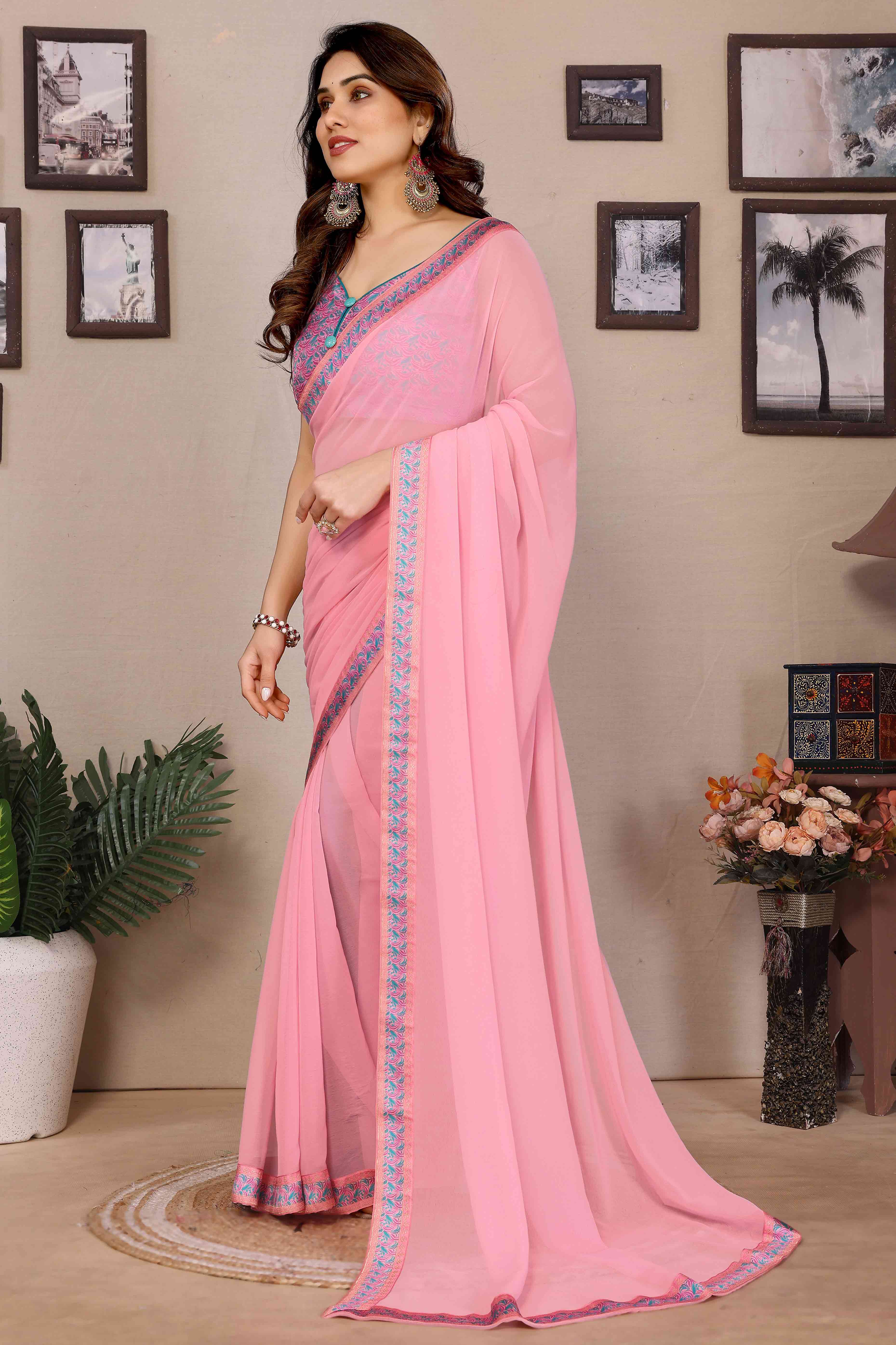 Light Pink Solid Georgette Saree With Printed Border