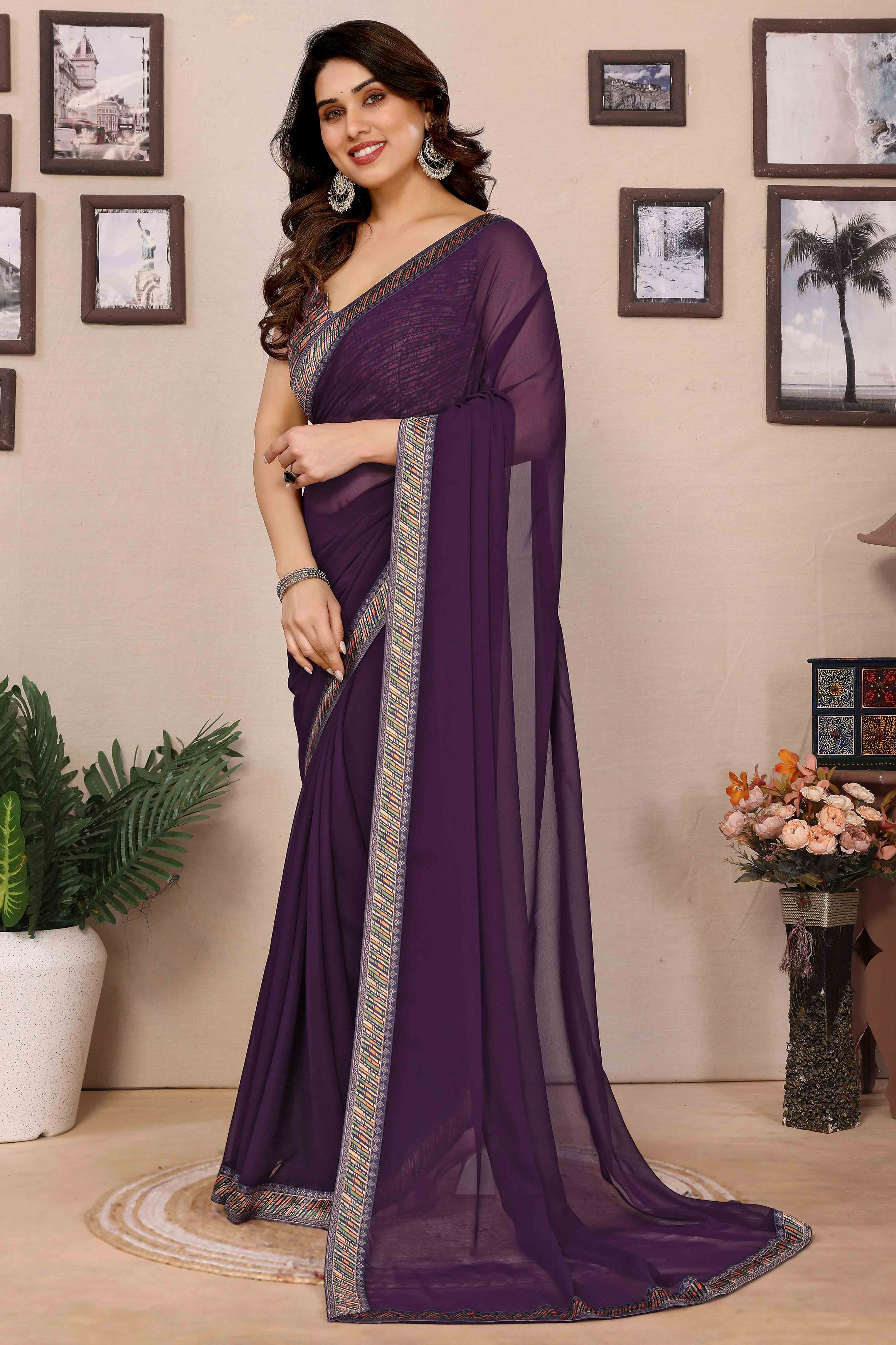 Wine Solid Georgette Saree With Printed Border