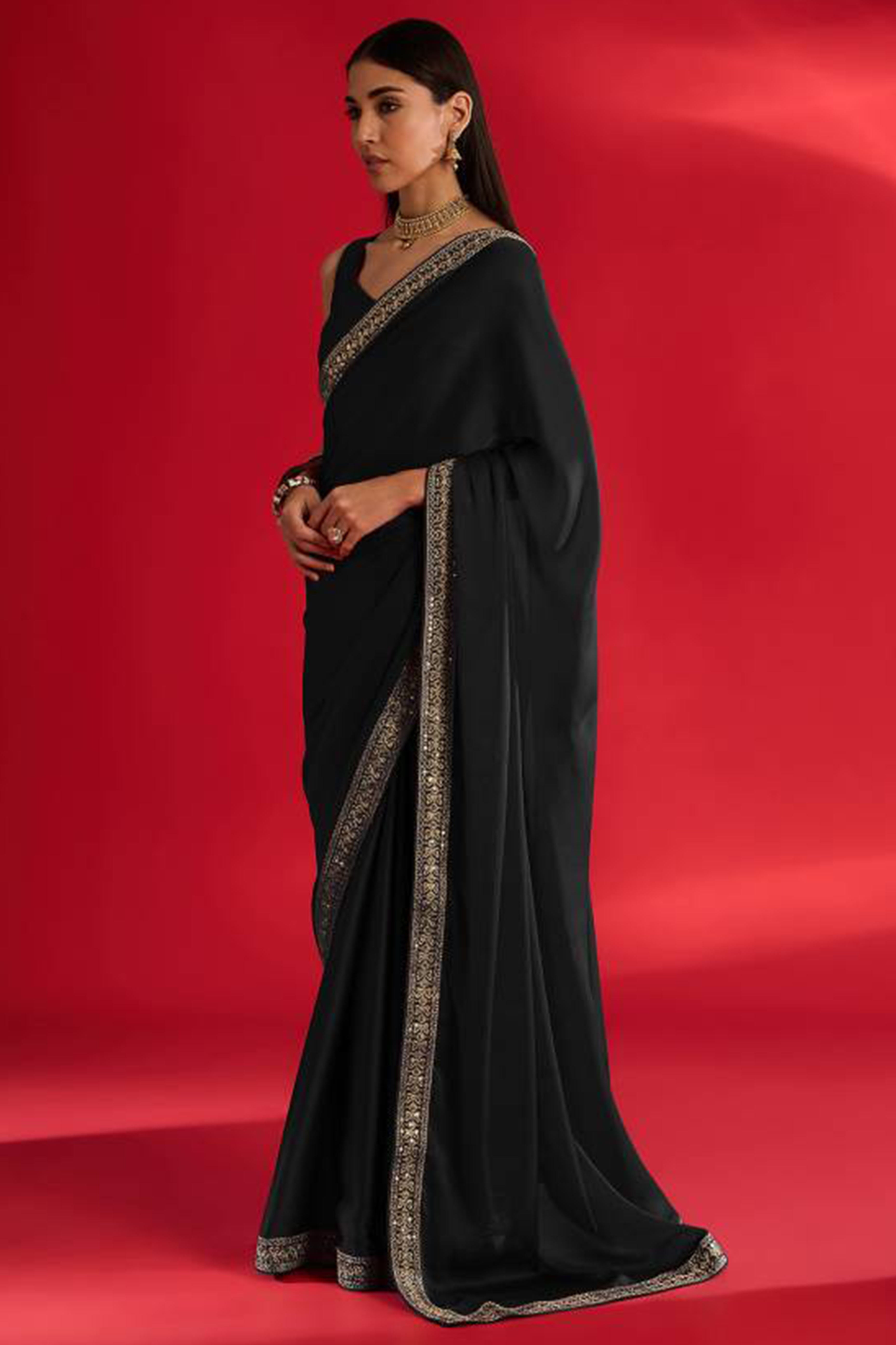 Black Solid With Embellished Bordered Chiffon Sarees