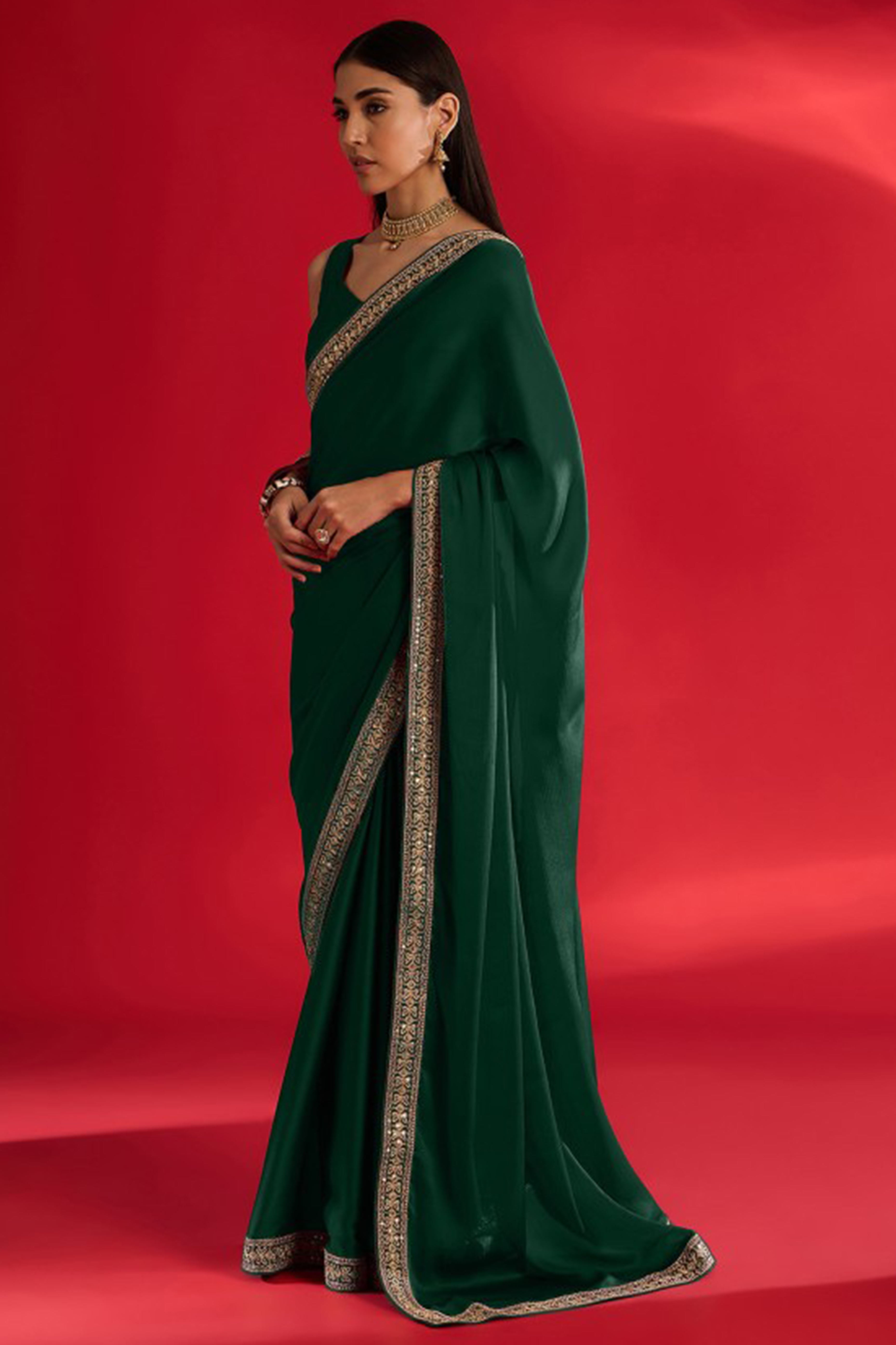 Green Solid With Embellished Bordered Georgette Sarees