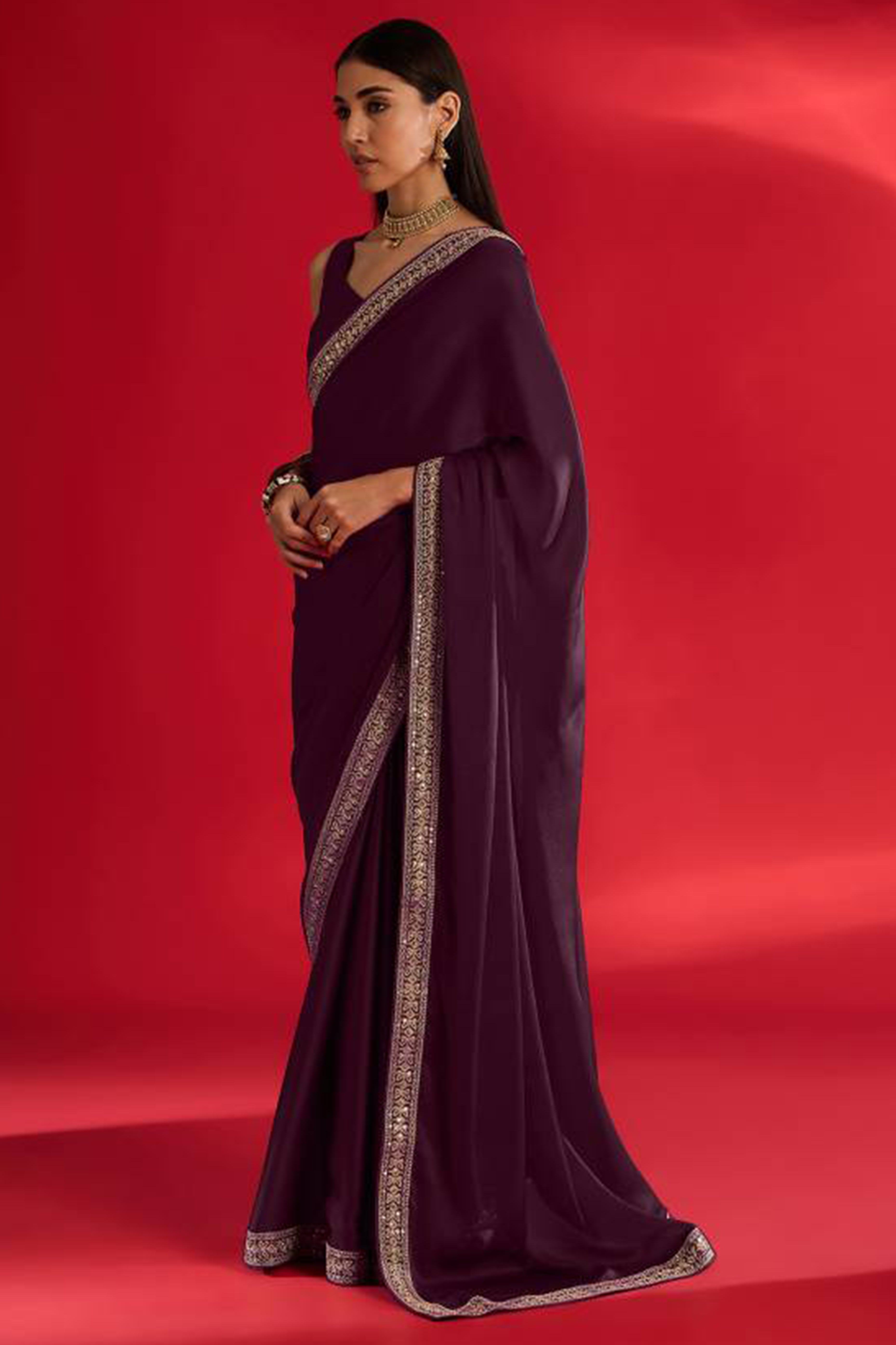 Wine Solid With Embellished Bordered Georgette Sarees