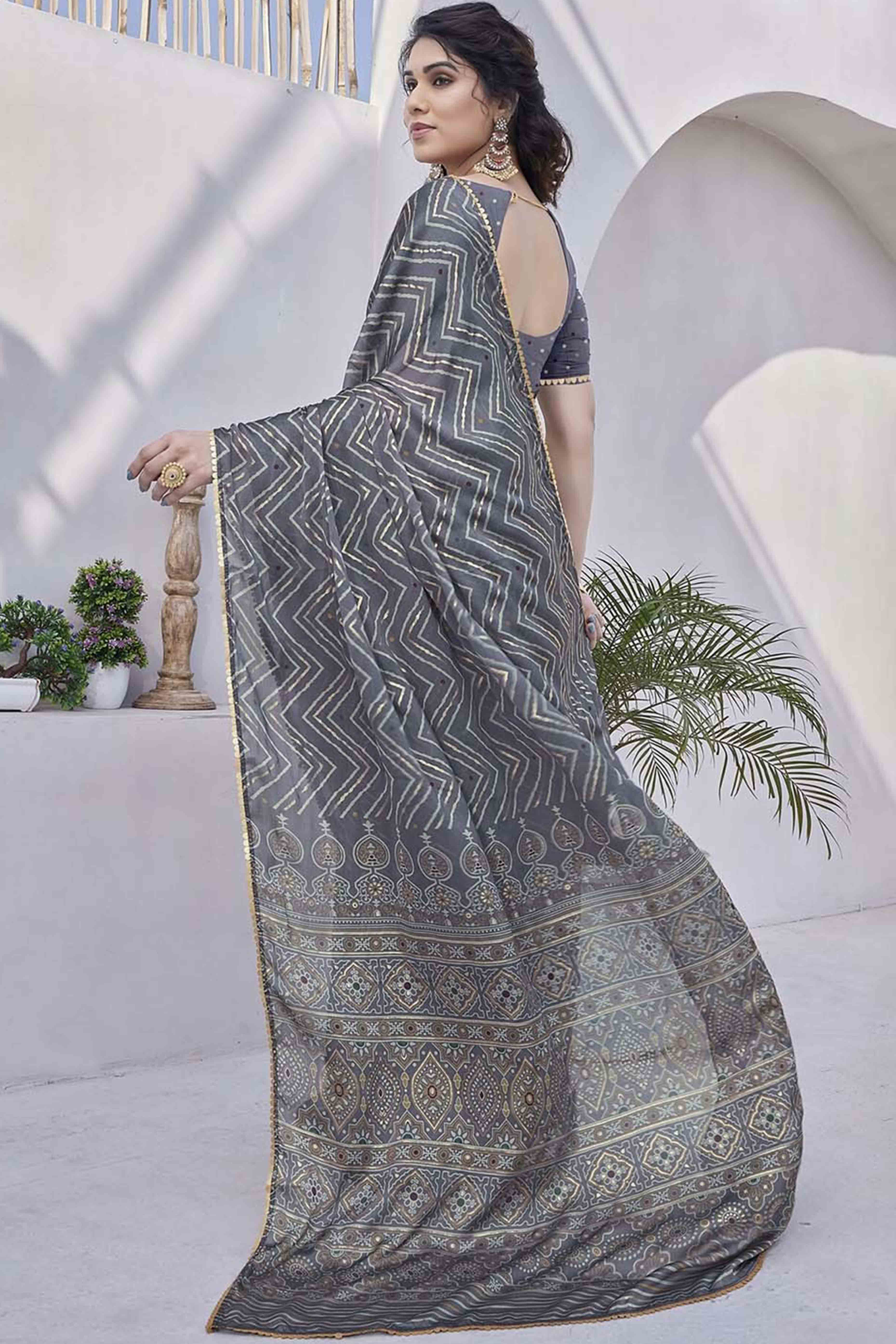Grey Chiffon Saree With Zig-Zag Foil Print & Golden Lace Border