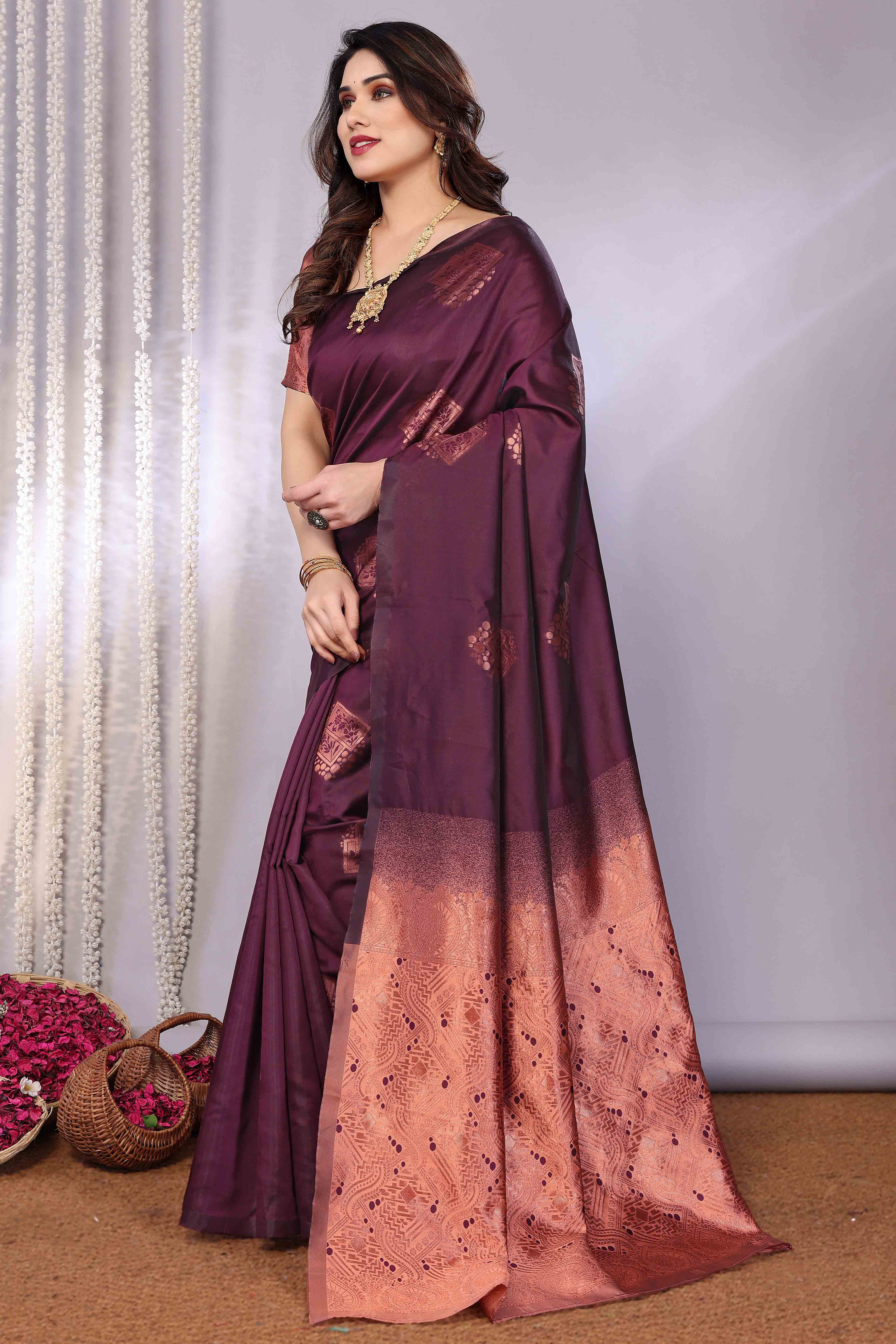 Burgundy Banarasi Silk Saree Adorned With Floral Zari Weaving