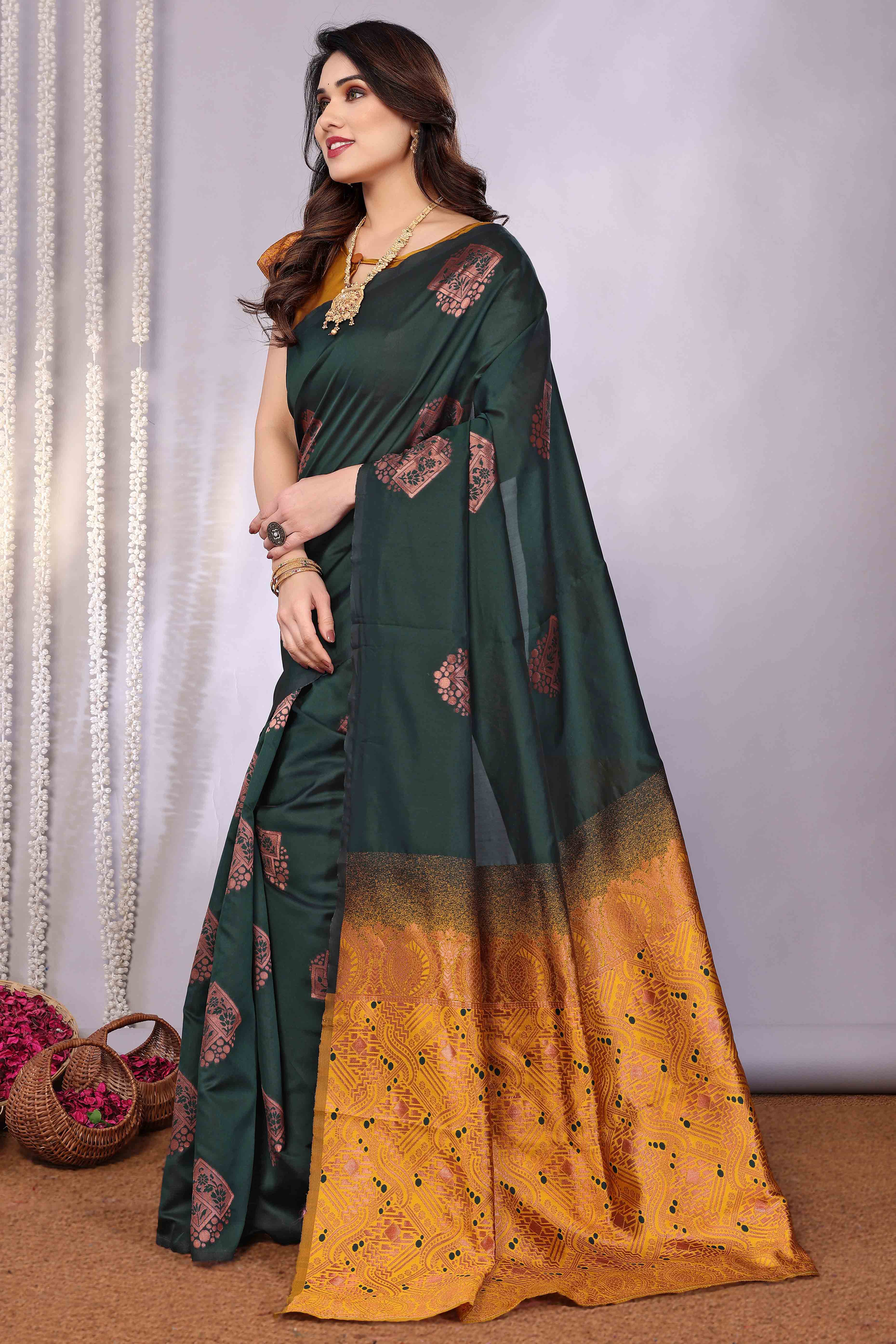 Green Banarasi Silk Saree Adorned With Floral Zari Weaving