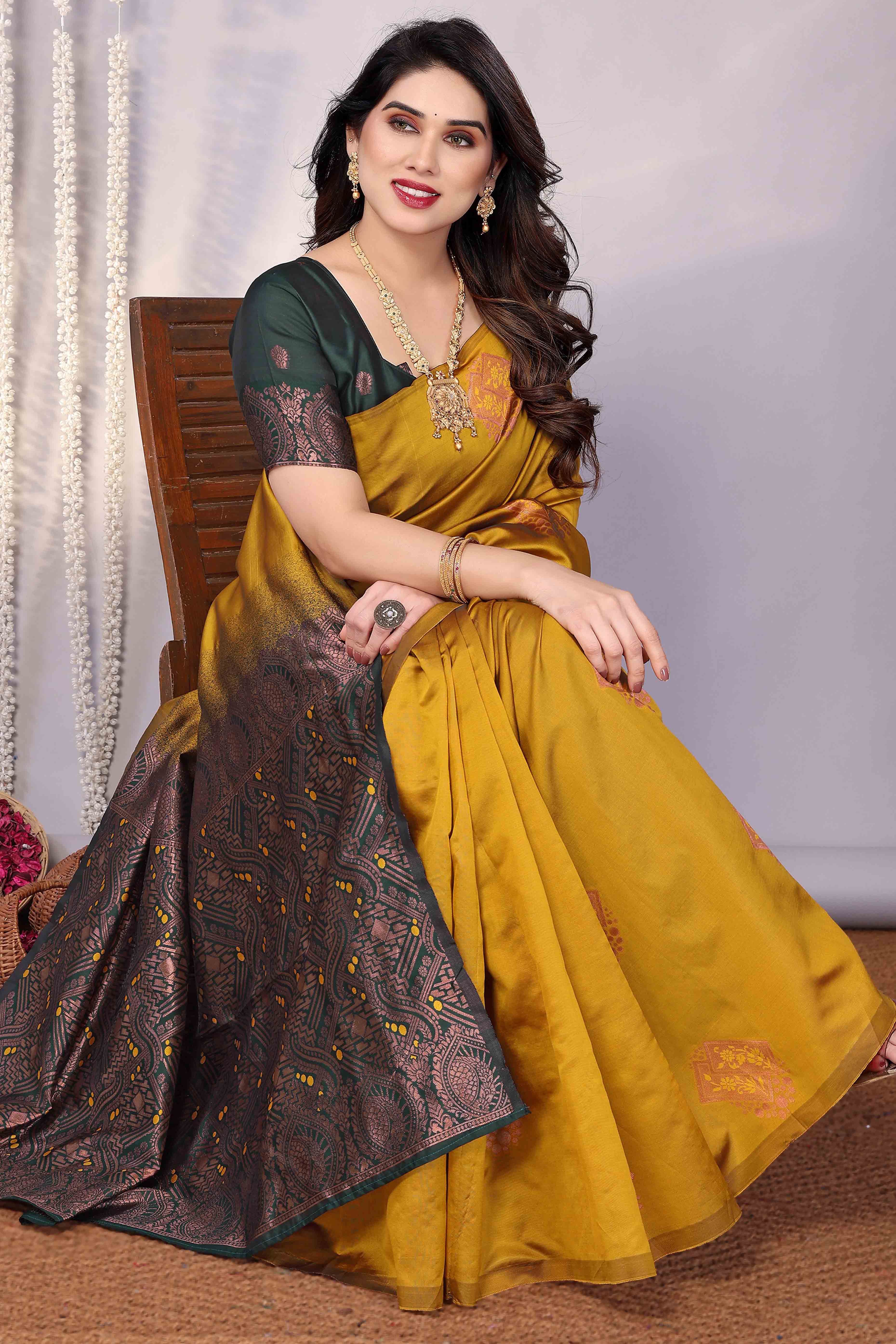 Mustard Banarasi Silk Saree Adorned With Floral Zari Weaving