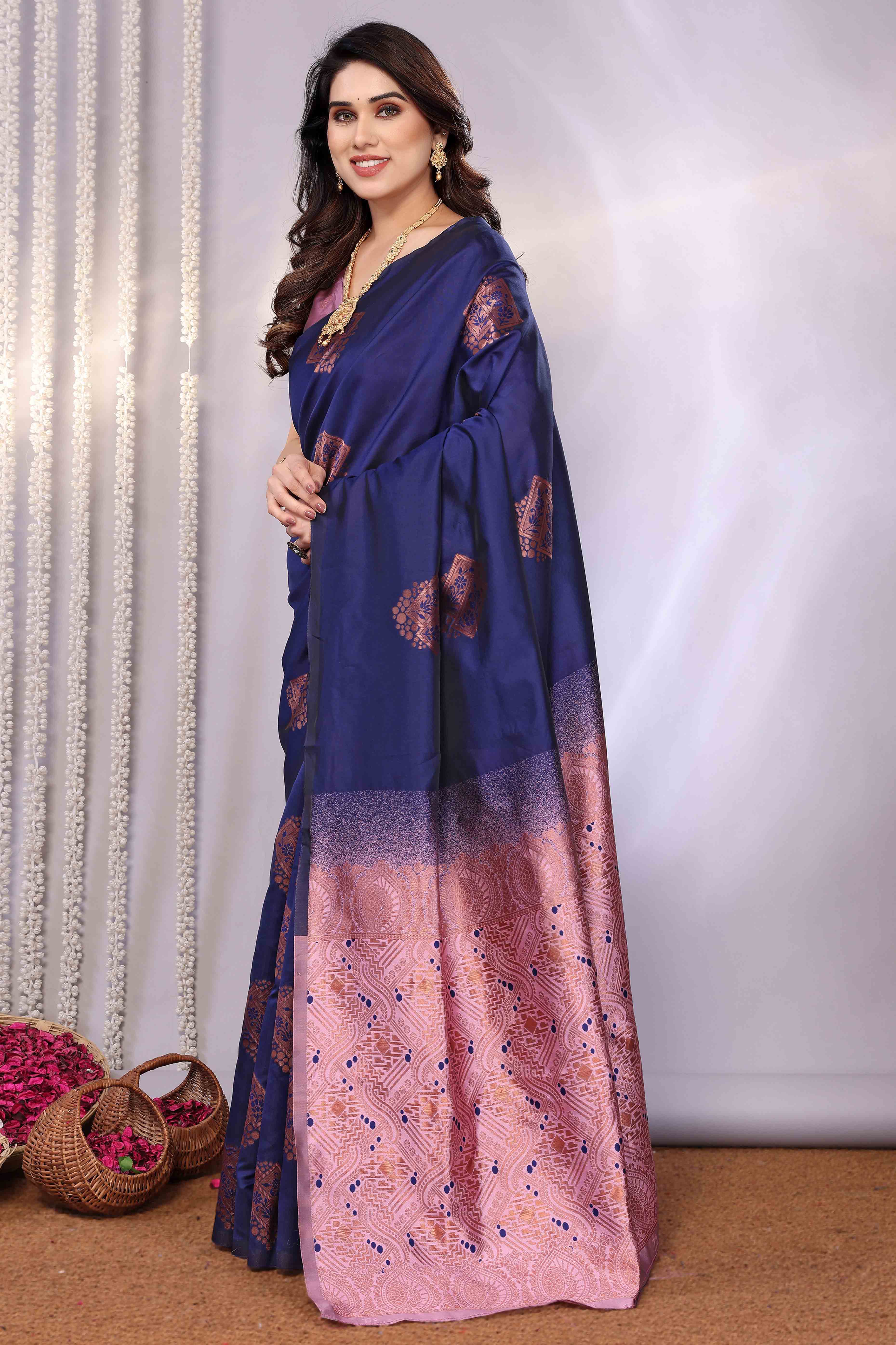 Navy Blue Banarasi Silk Saree Adorned With Floral Zari Weaving