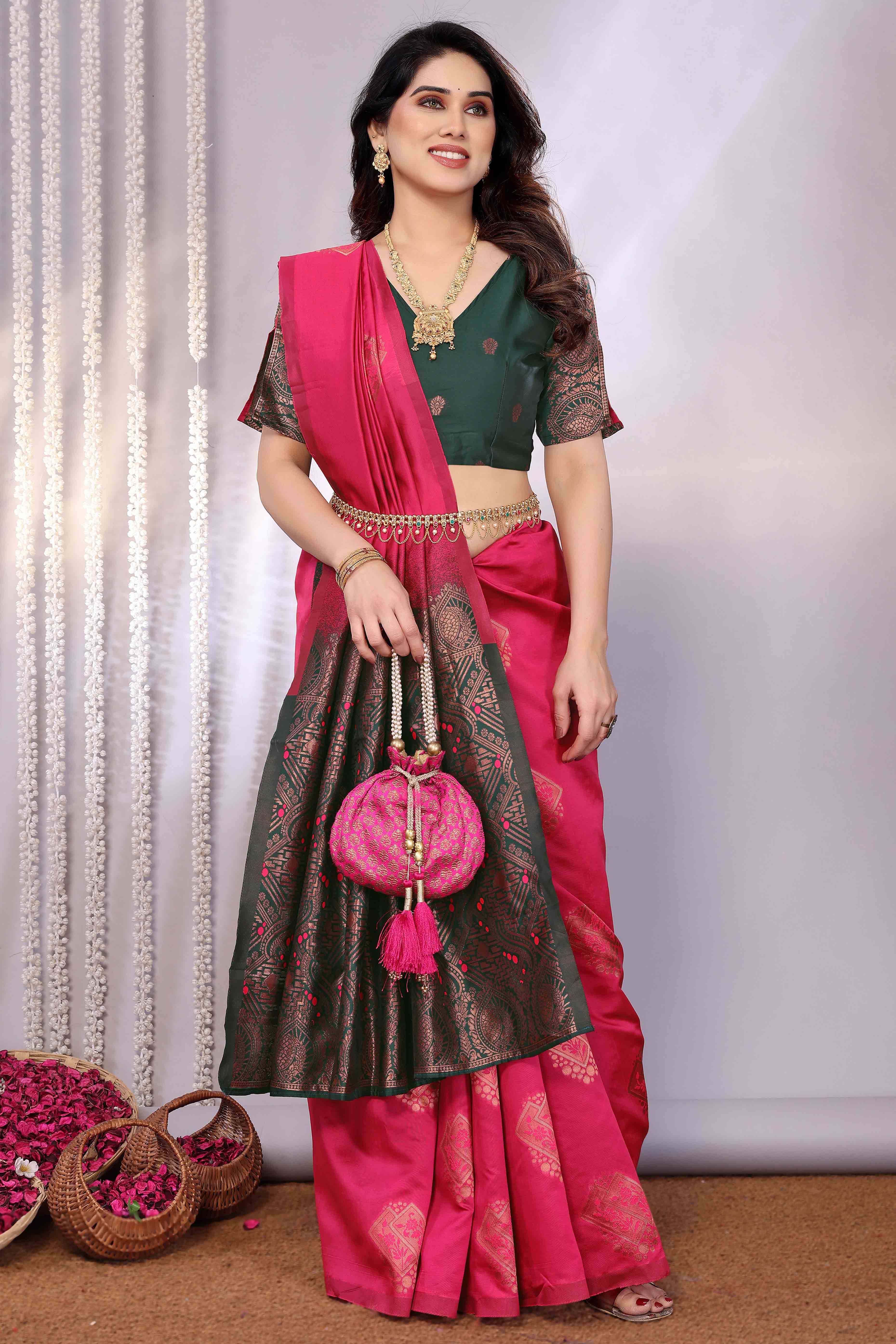 Pink Banarasi Silk Saree Adorned With Floral Zari Weaving