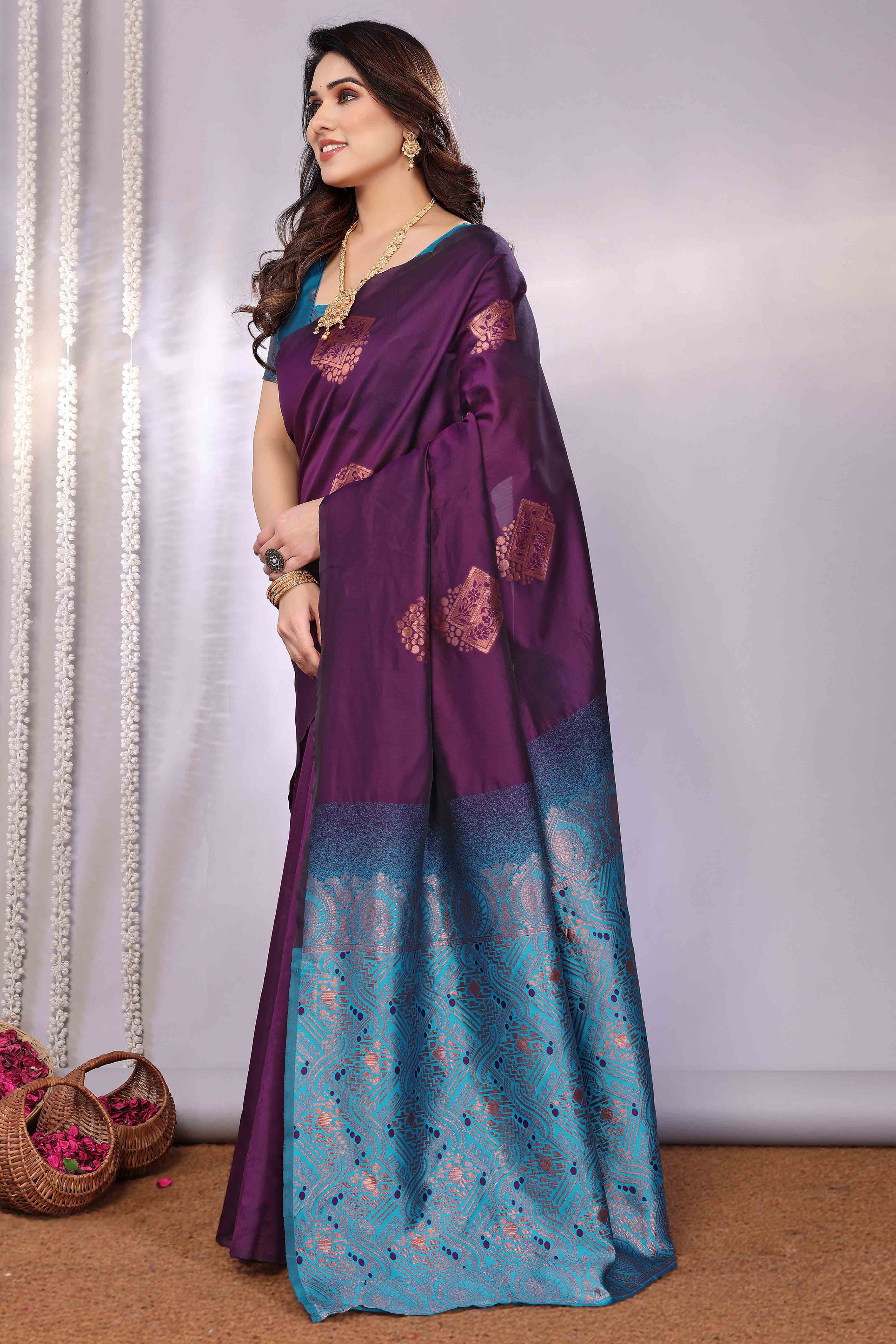 Purple Banarasi Silk Saree Adorned With Floral Zari Weaving